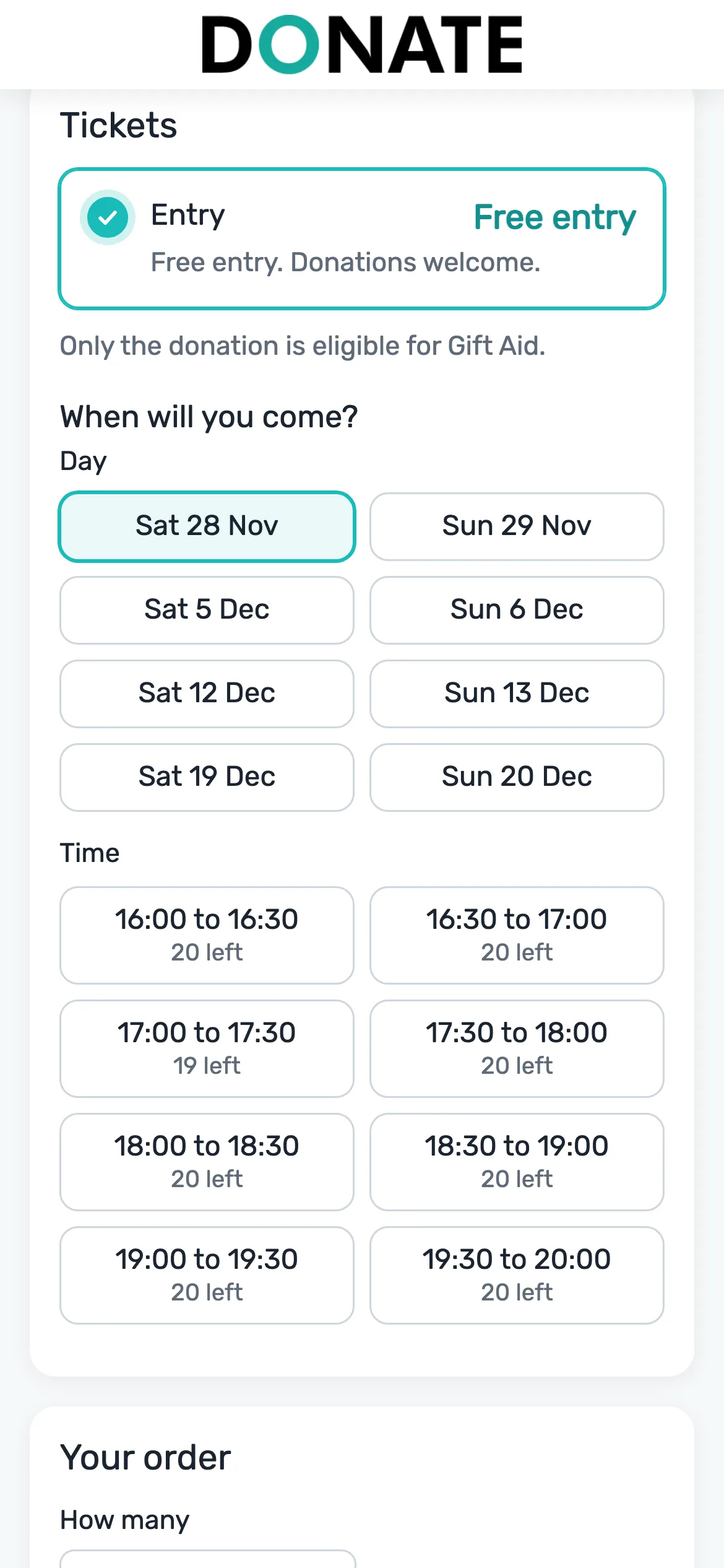 Buyers choose a time: Buyers pick a day, then a time, and see how many places are left.