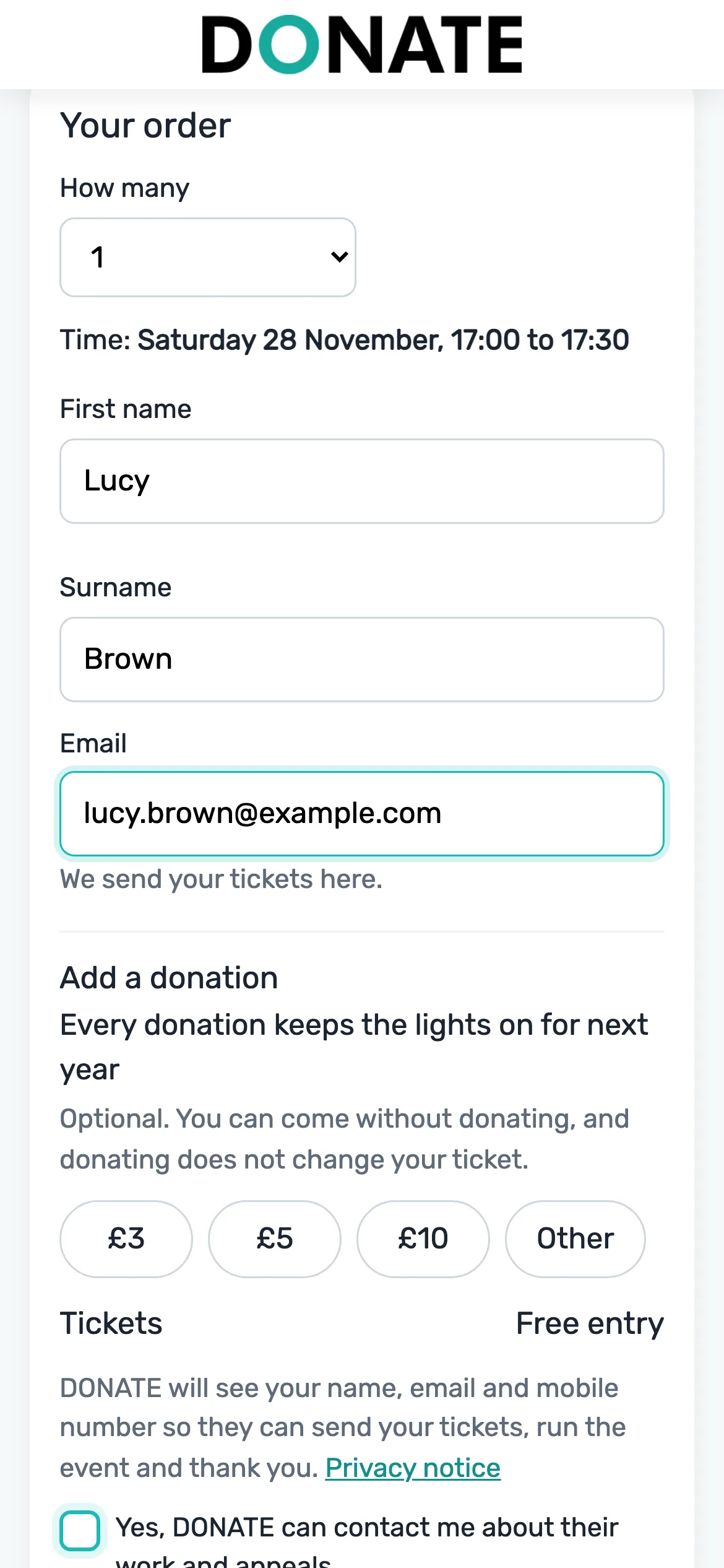 Book free, give if you like: Tickets show as Free entry. The donation box is optional, and the page says they can come without donating.