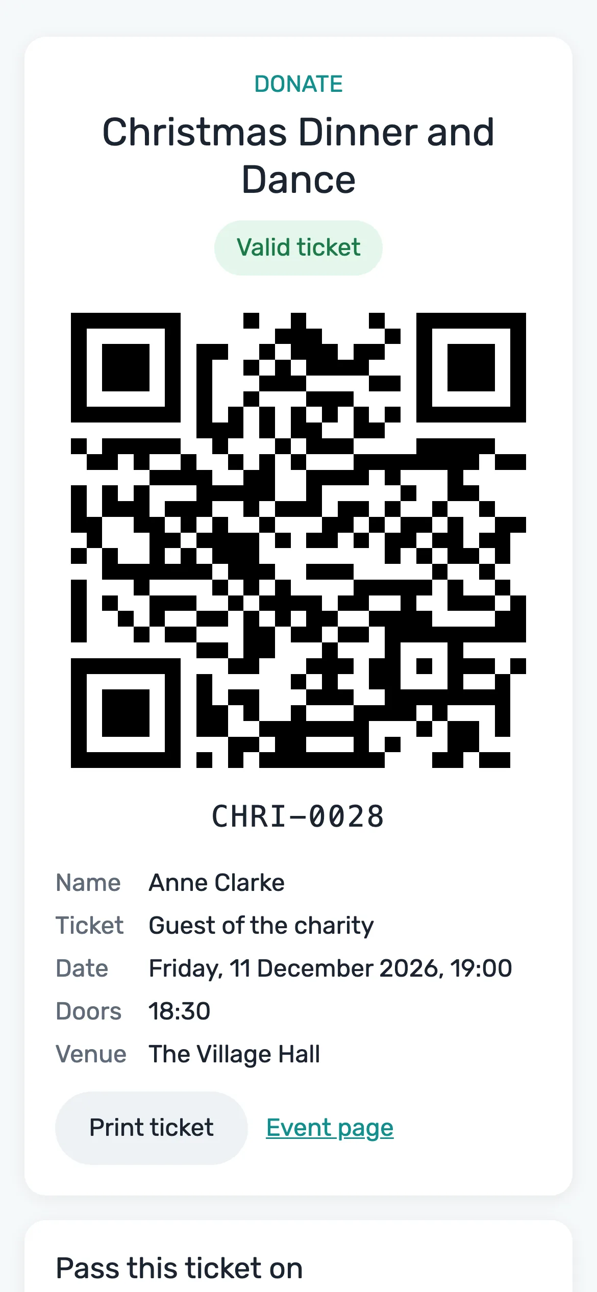 A ticket with a QR code: Each person has their own ticket page with a QR code to show at the door, and a print option.