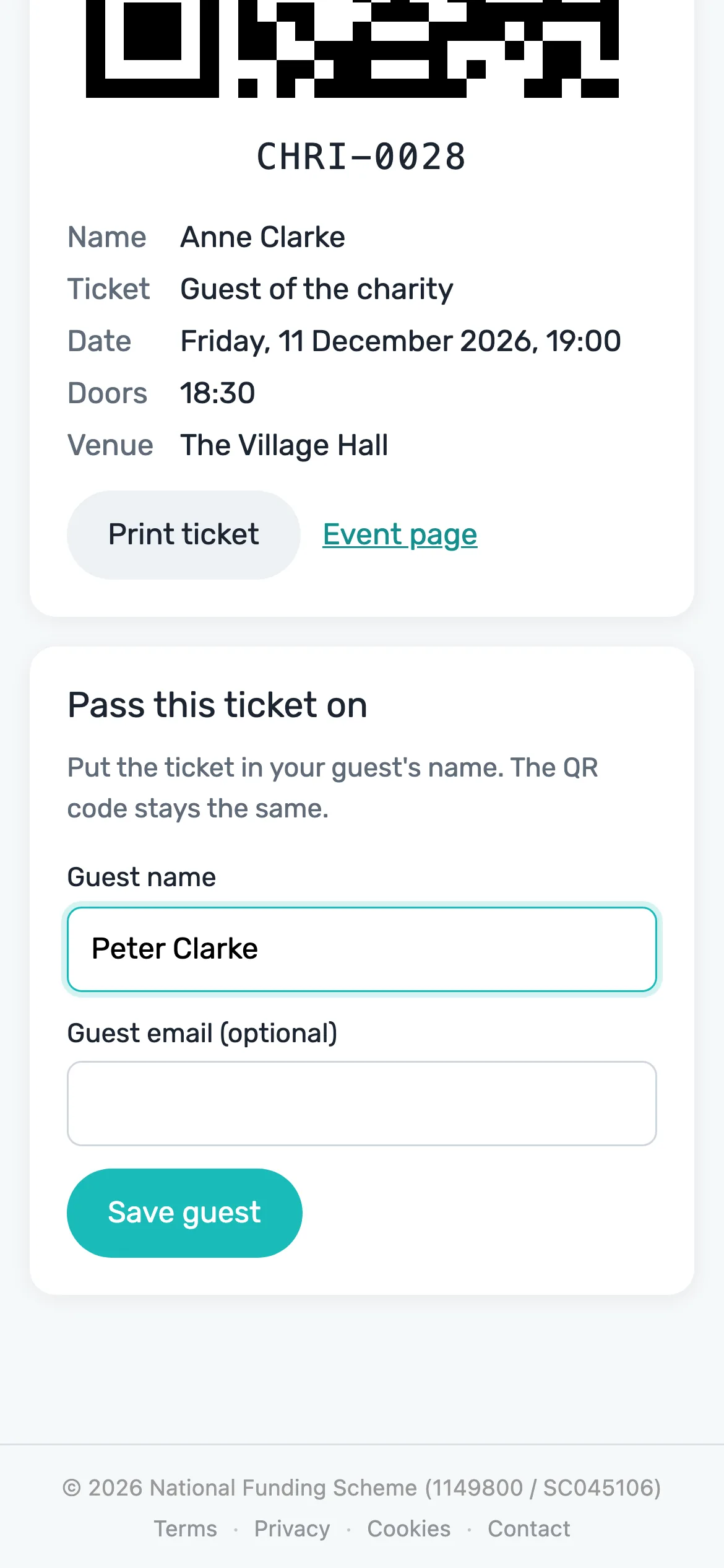Passing a ticket on: The buyer can put a ticket in a guest's name. The QR code stays the same.