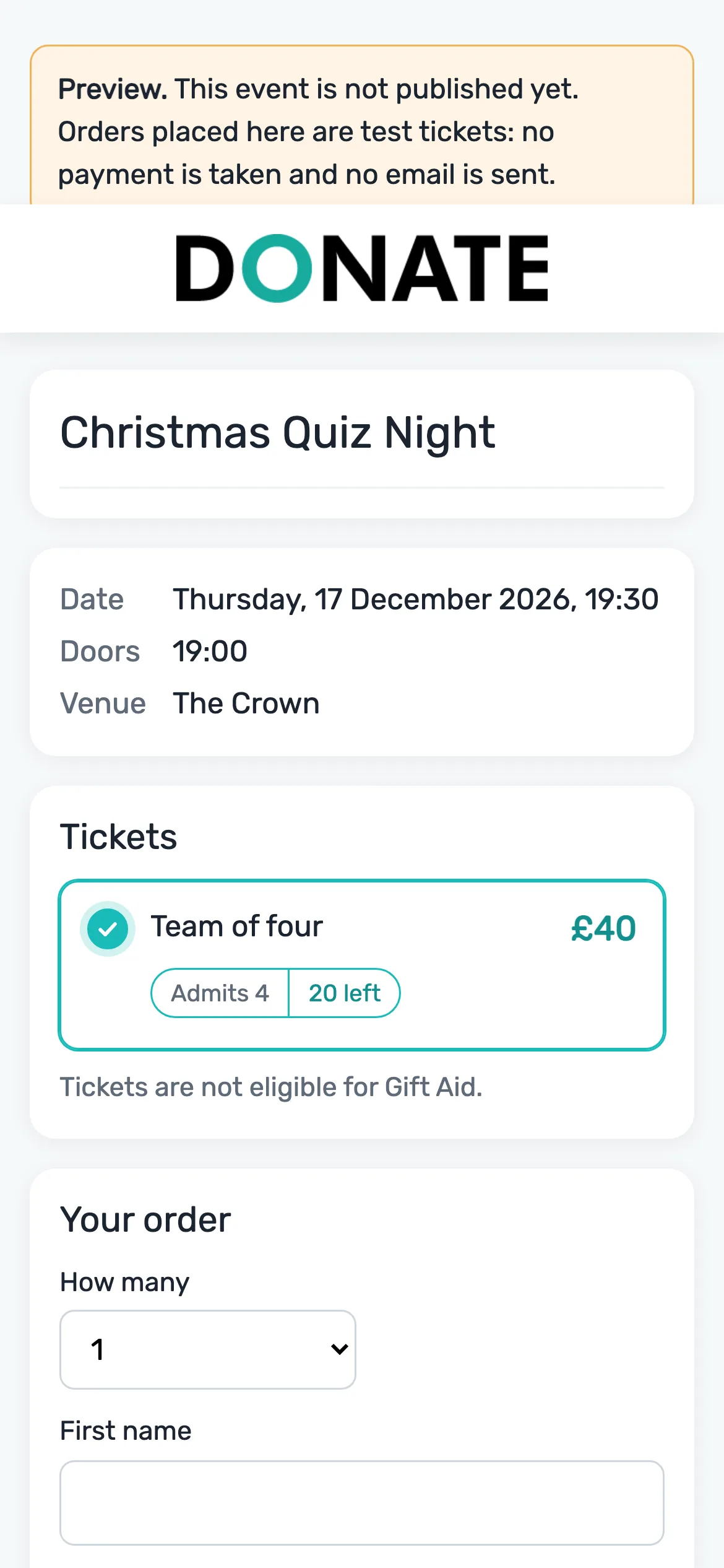 Your page, marked Preview: The ticket page says it is not published yet.