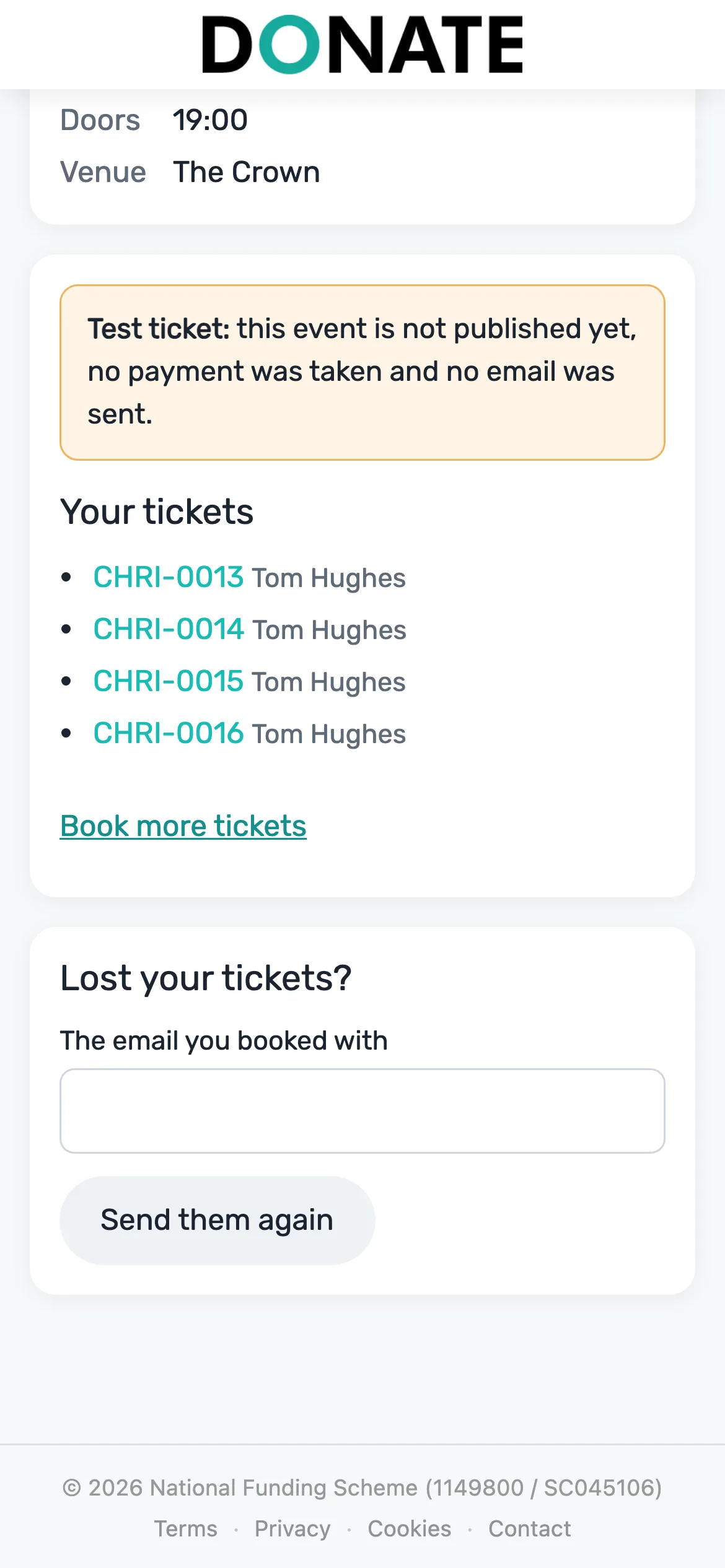 Practise with test tickets: Test tickets work on the ticket page and at the door. They are deleted when you go live.