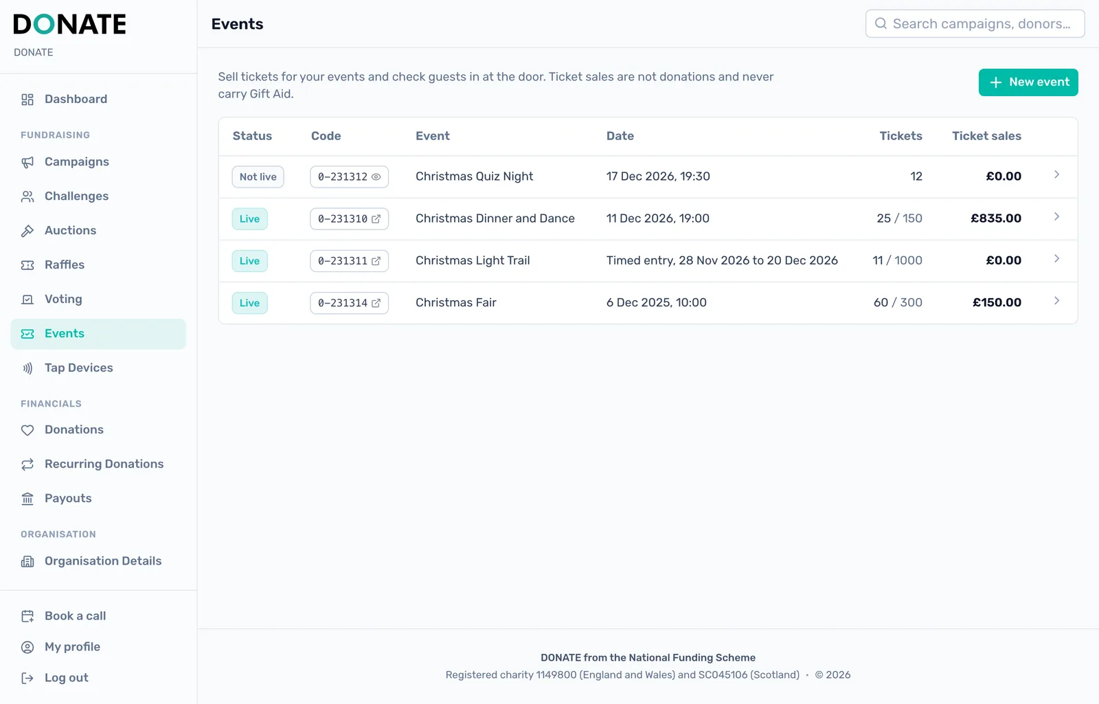 Your events in one place: Every event with its status, date, tickets issued and ticket sales.