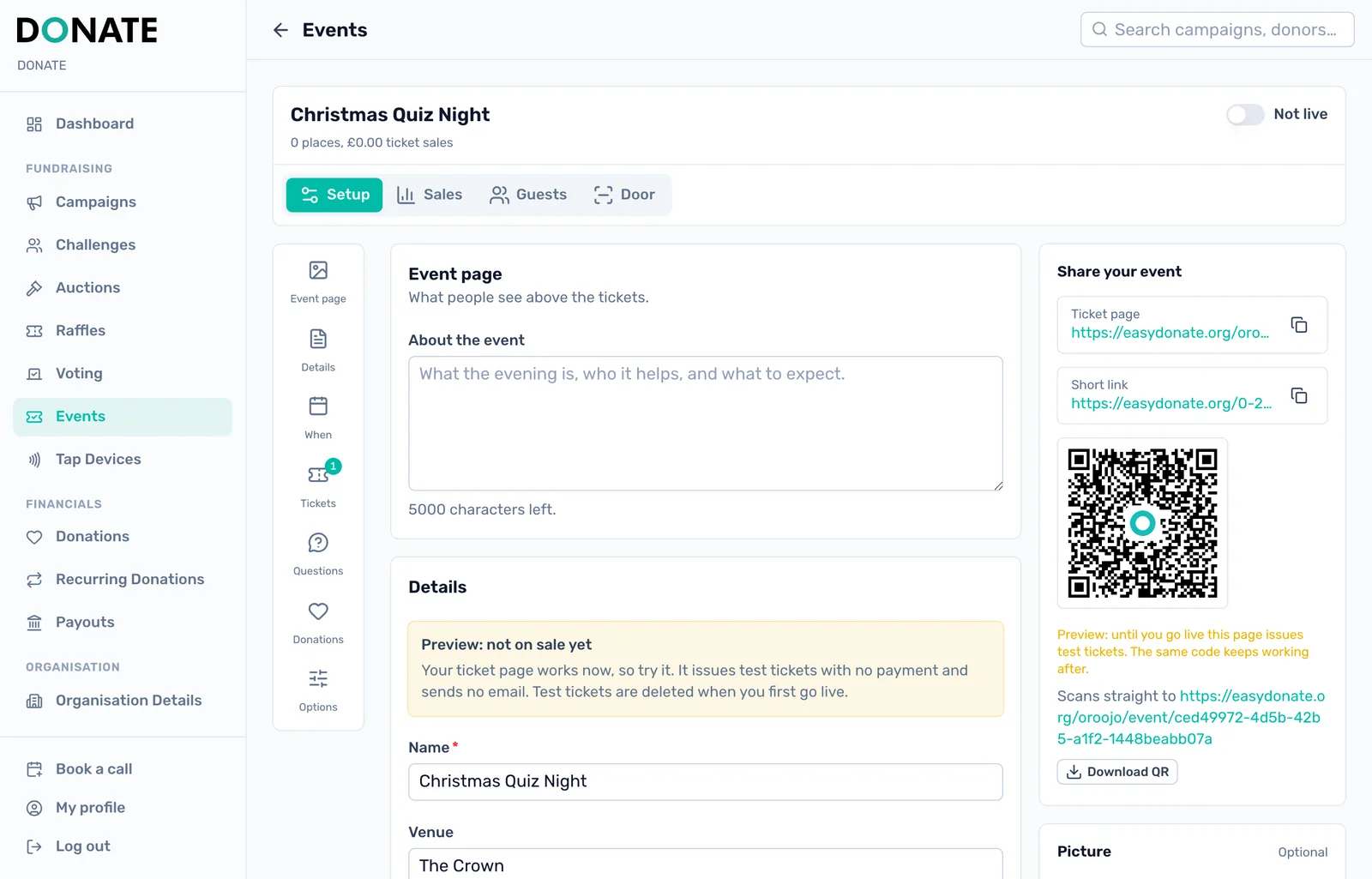 Try it in Preview: In Preview, bookings are test tickets. No payment is taken and no email is sent.