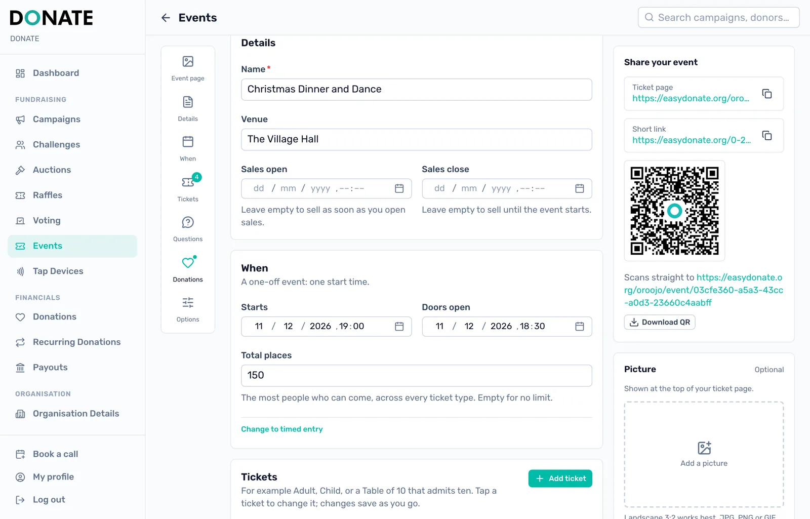 Details save as you type: Setup has a jump menu for Event page, Details, When, Tickets, Questions, Donations and Options. Details holds the name, venue, Sales open and Sales close, and every change saves itself.