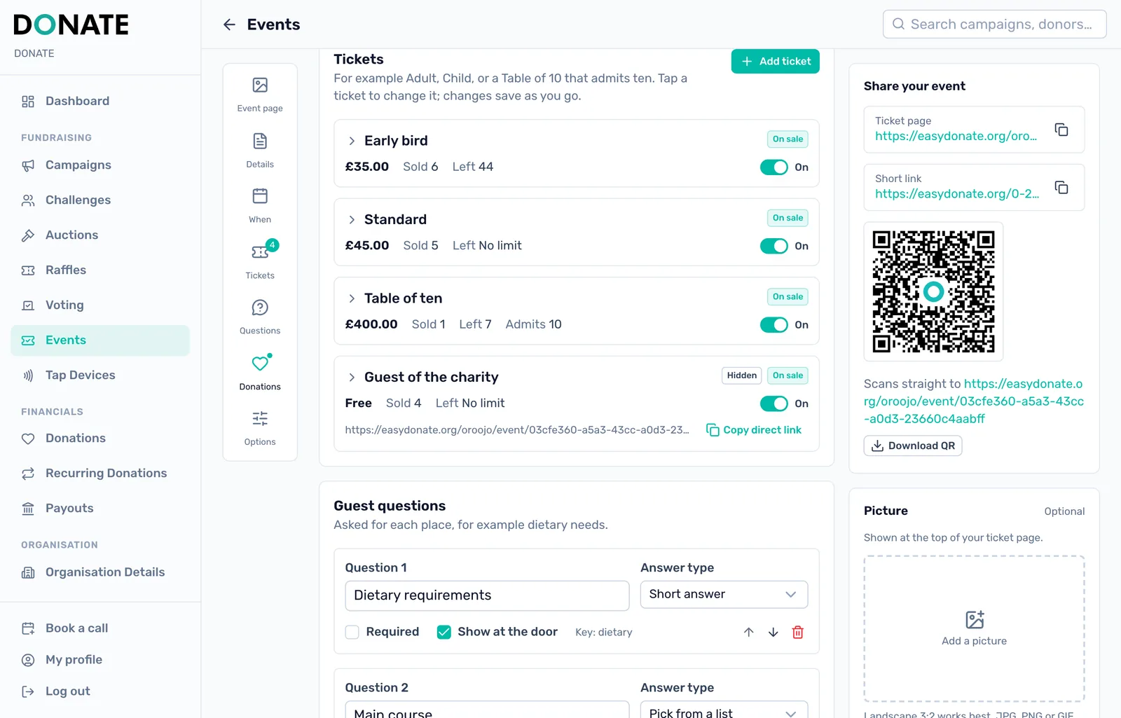 Add your ticket types: Early bird, standard, a table of ten or a guest of the charity. Each type shows its price, how many are sold and left, and whether it is on sale.