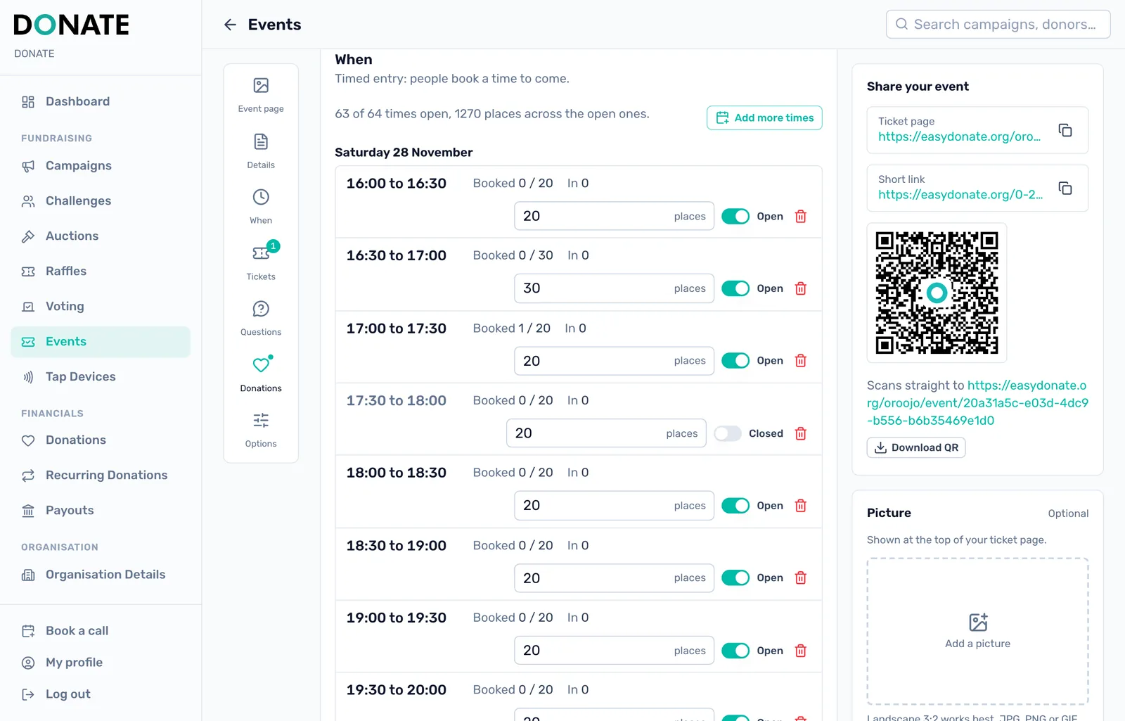 Change any single time: Each time shows how many are booked and in. Change its places, switch it to closed, or delete it if nobody has booked.