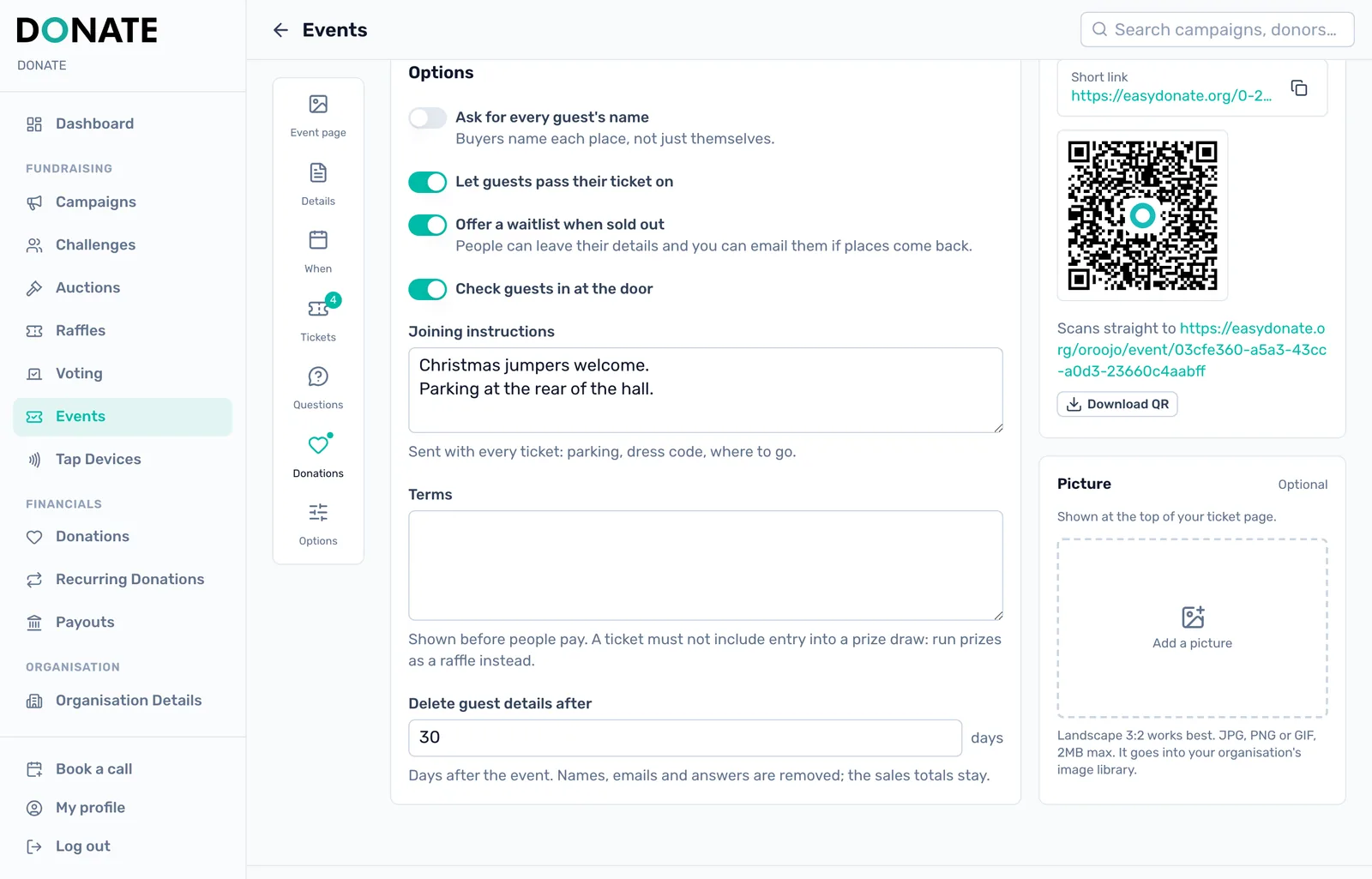Choose your options: Guest names, passing tickets on, door check-in, the waitlist, joining instructions, terms and when guest details are deleted.