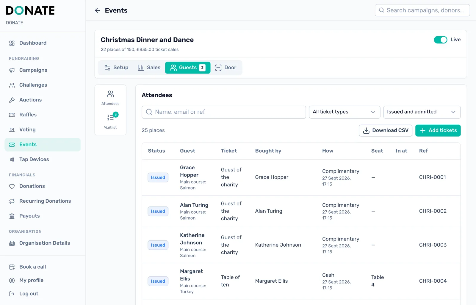 Everyone who is coming: Search by name, email or reference, filter by ticket type or status, and download a CSV.