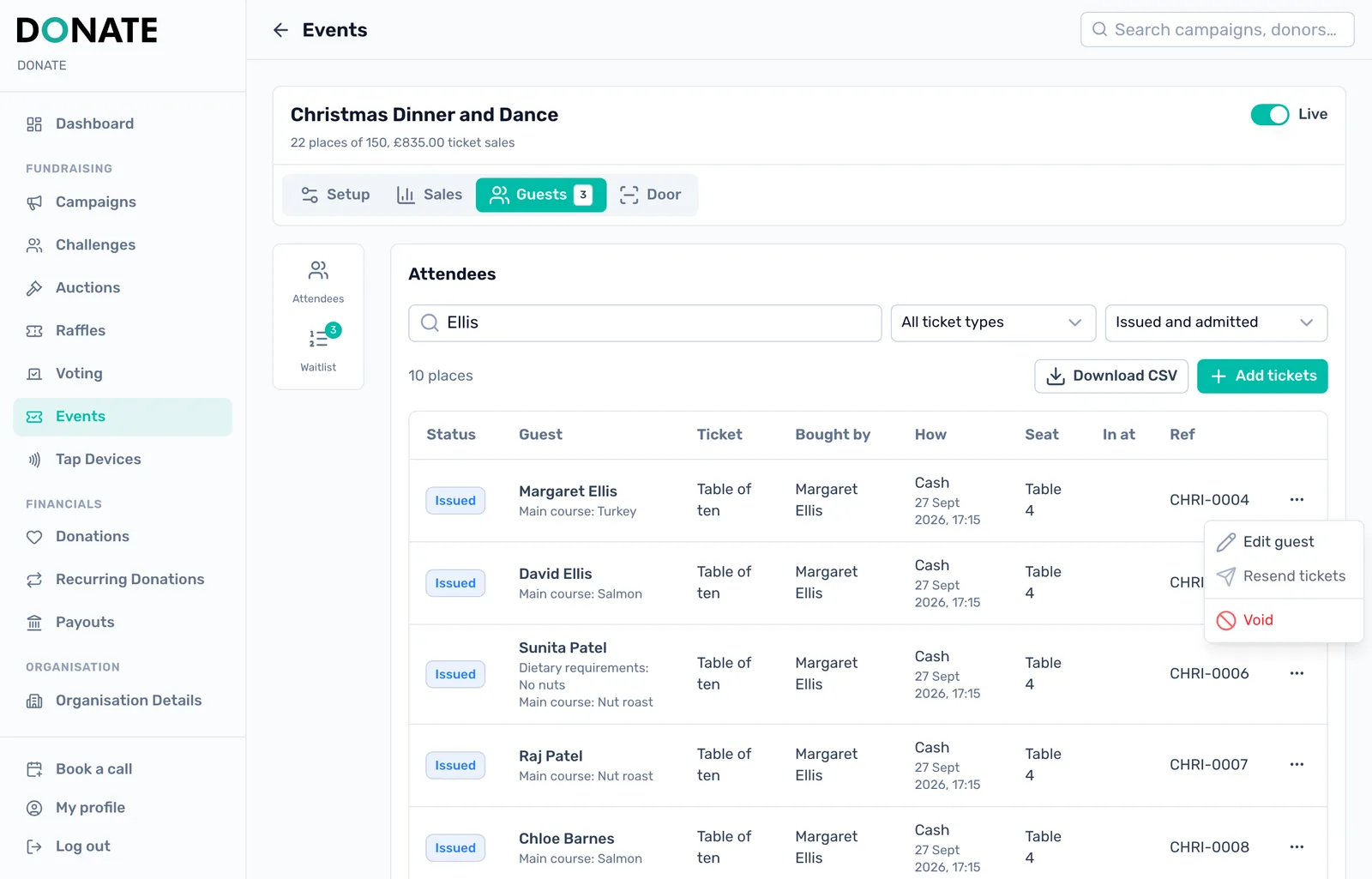Change, resend or void: Edit a guest or their table, resend their tickets, or void a ticket. For timed entry, the same menu moves a booking to another time.