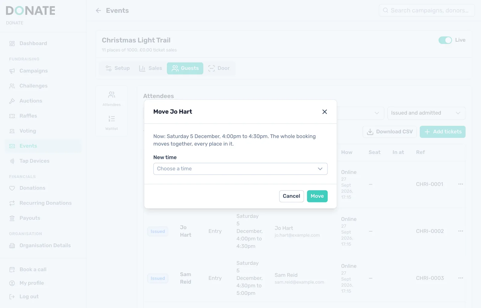 Move a booking: Move a whole booking to another time with places.