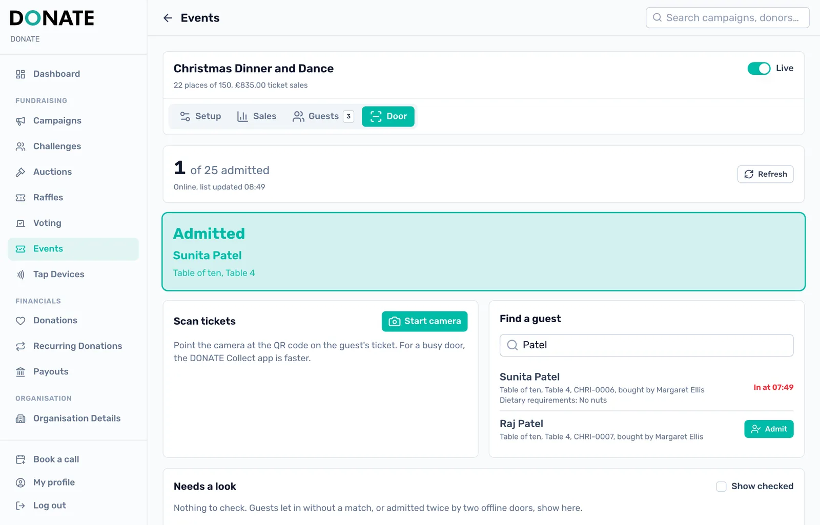 Find a guest by name: Search by surname, buyer, reference or table, then tap Admit. Answers marked for the door show here.