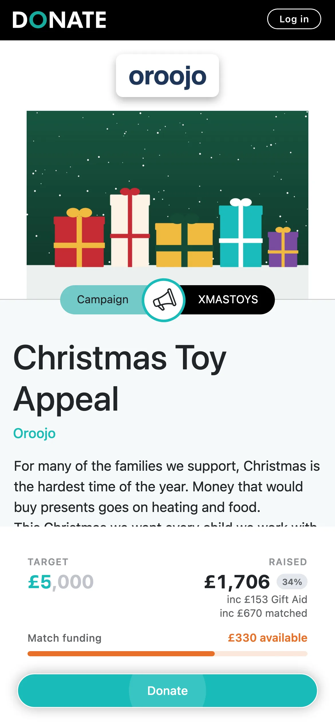 Where supporters give: The page shows the campaign's images, story, target and progress, with a Donate button.