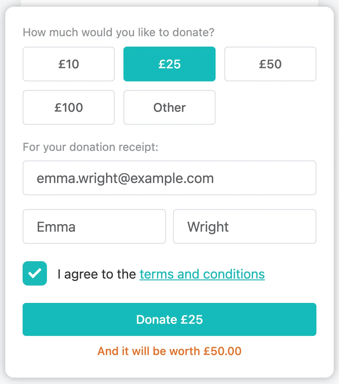 Pick an amount: Tap an amount, add an email address and a name, and tick I agree to the terms and conditions. The button shows the gift, here Donate £25.