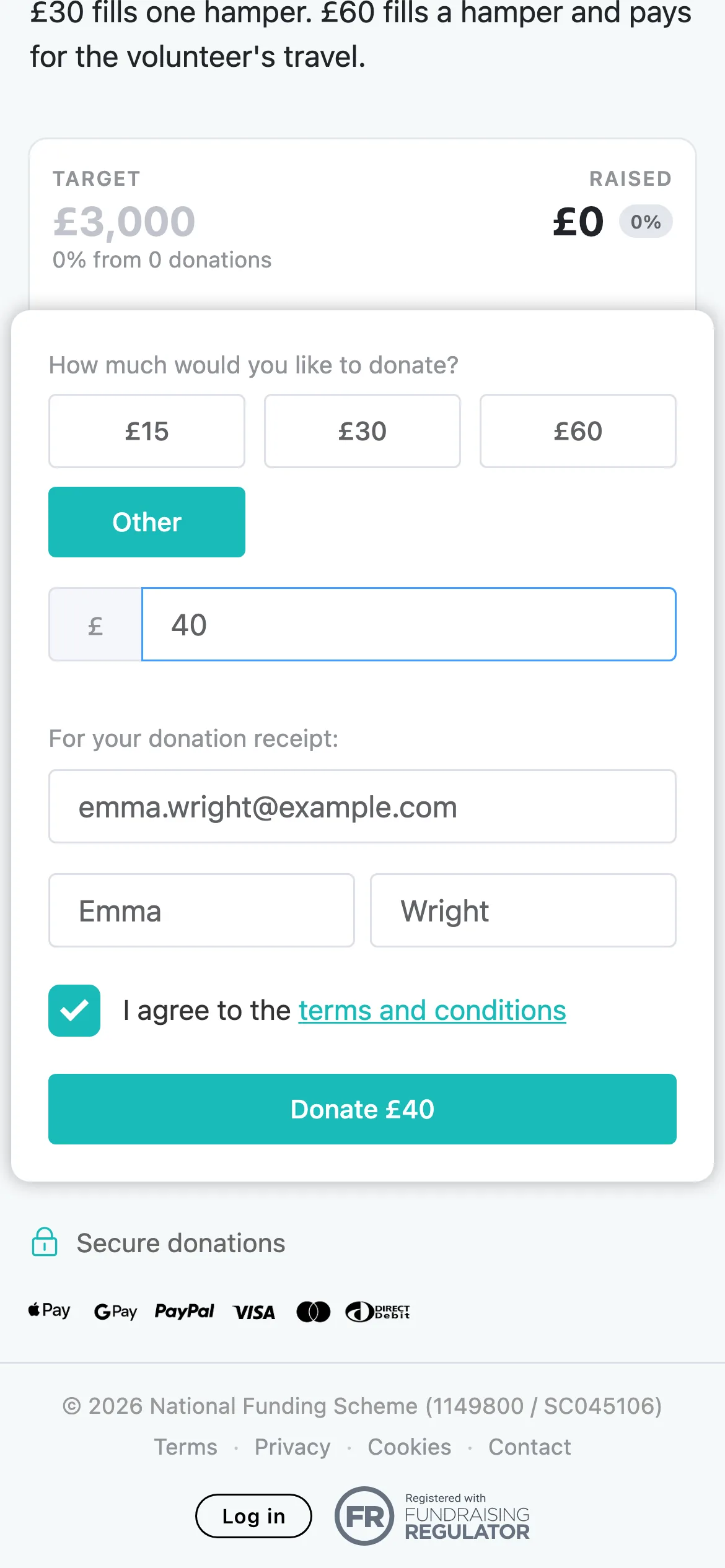 Or type any amount: Other opens a box for any amount in pounds. The button changes to match, here Donate £40.