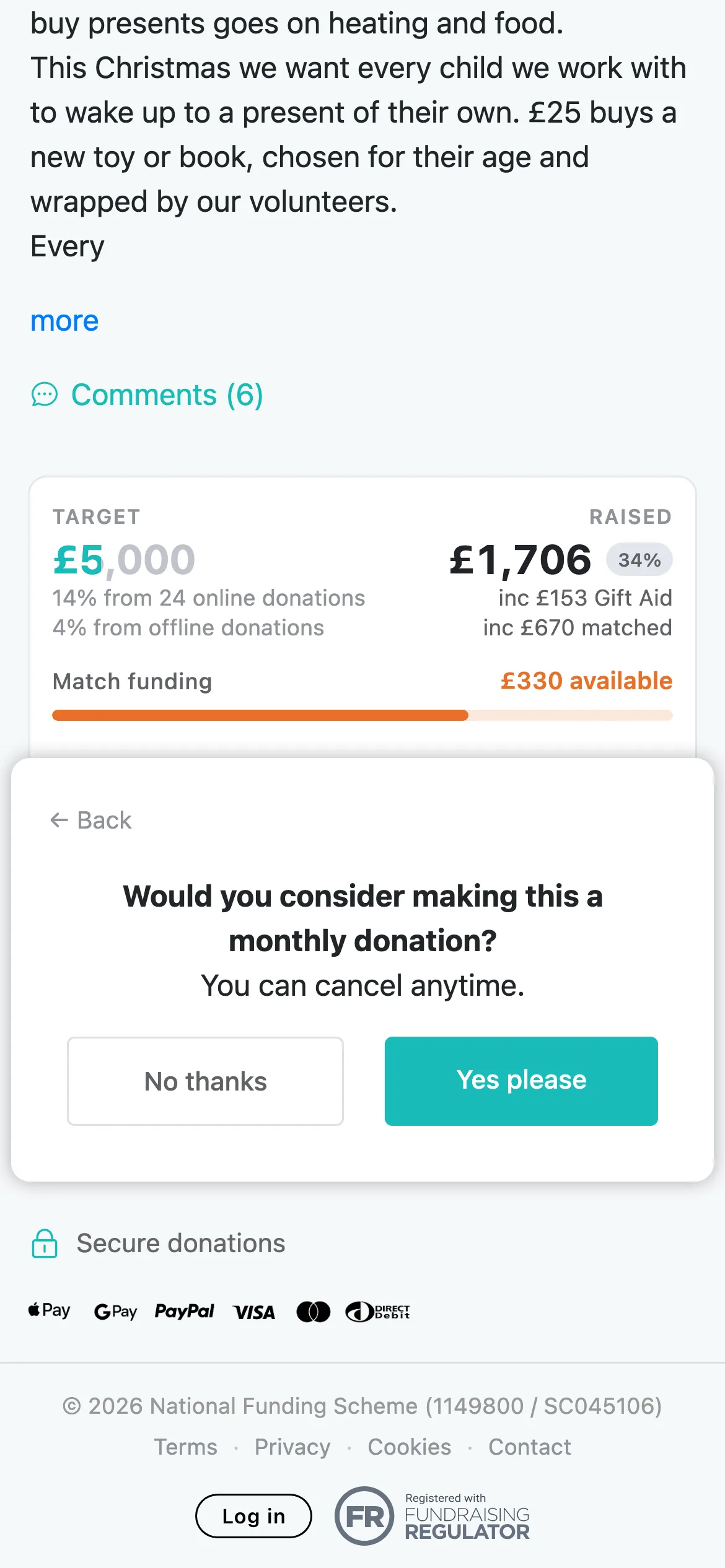 Make it monthly?: Supporters are asked "Would you consider making this a monthly donation?" and answer No thanks or Yes please.