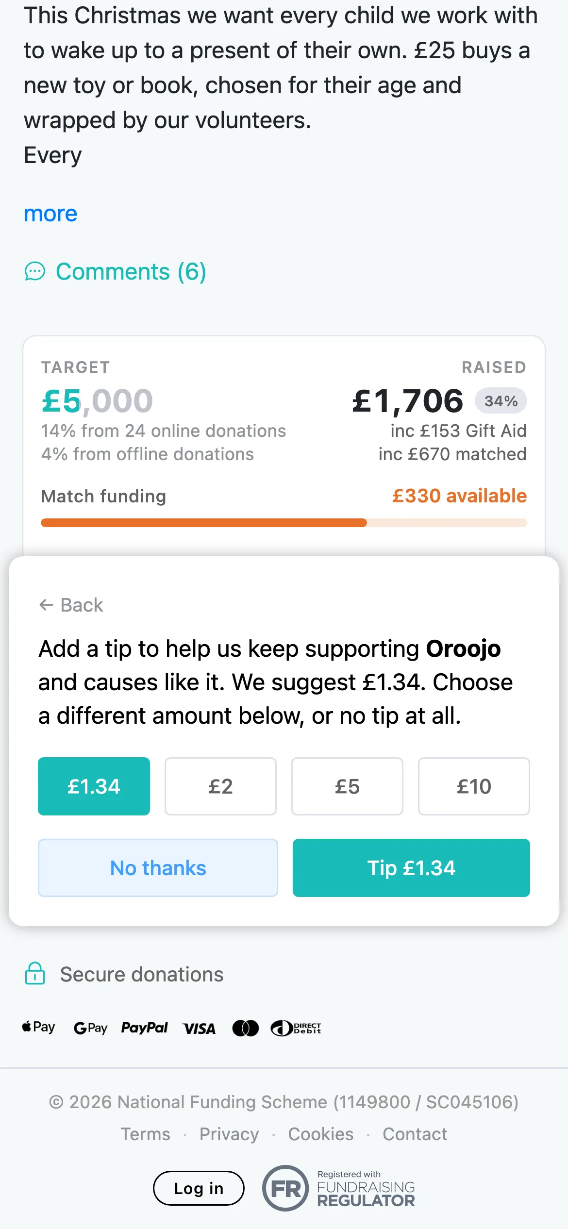 Choose a tip, or not: The tip panel names the charity and suggests an amount. Supporters tap Tip with the amount shown, or No thanks.