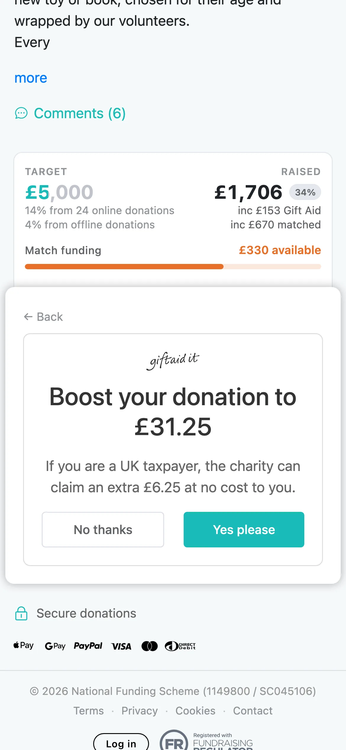 Boost the gift by a quarter: The Gift Aid panel shows what the gift becomes, here Boost your donation to £31.25 on a £25 gift, and asks No thanks or Yes please.