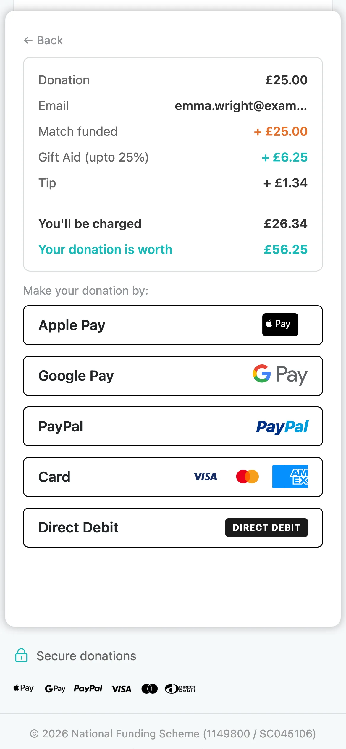Check it and pay: The summary shows £26.34 to be charged, with match funding, Gift Aid and the tip set out. Then the ways to pay, Apple Pay in Safari, Google Pay in Chrome, PayPal for one-off gifts, card and Direct Debit.