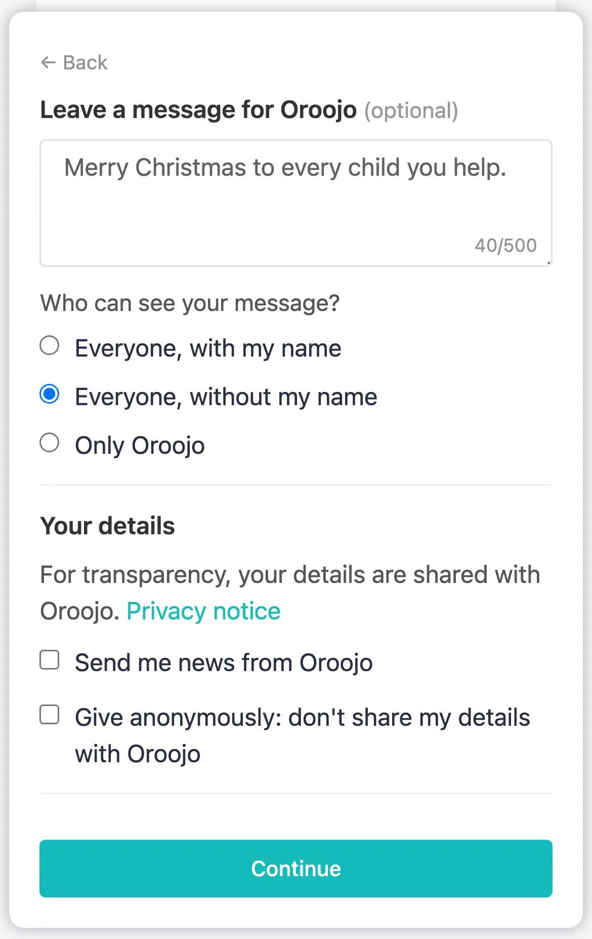 Leave a message: A message of up to 500 characters and who can see it, then Send me news and Give anonymously.