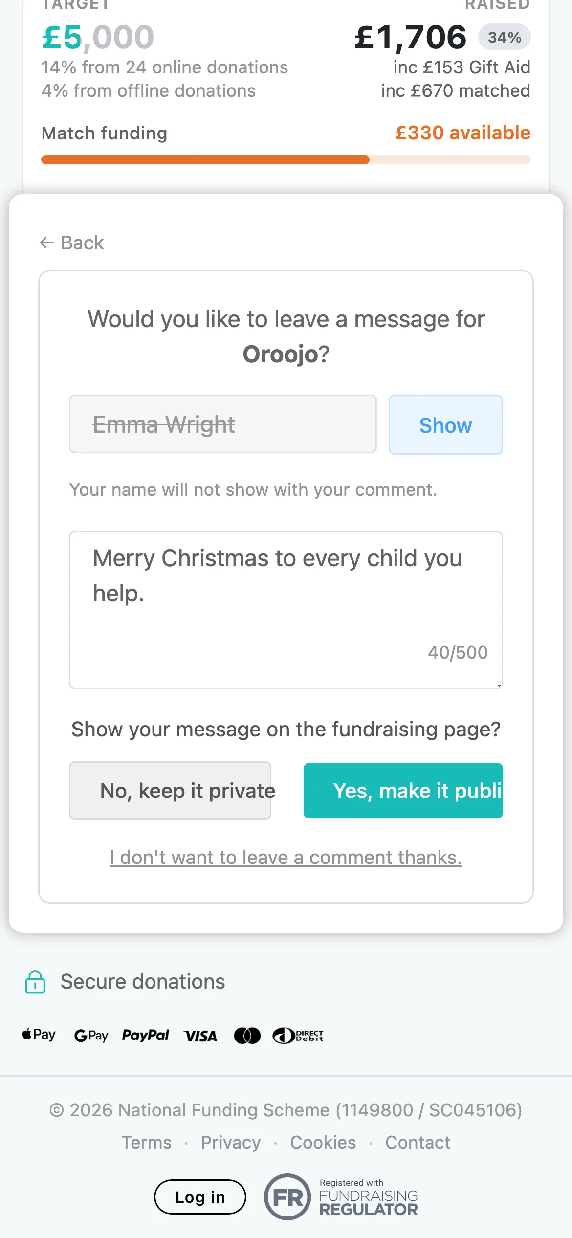 Leave a message: After paying, supporters can leave a message of up to 500 characters, hide their name, and choose whether it shows on the page.