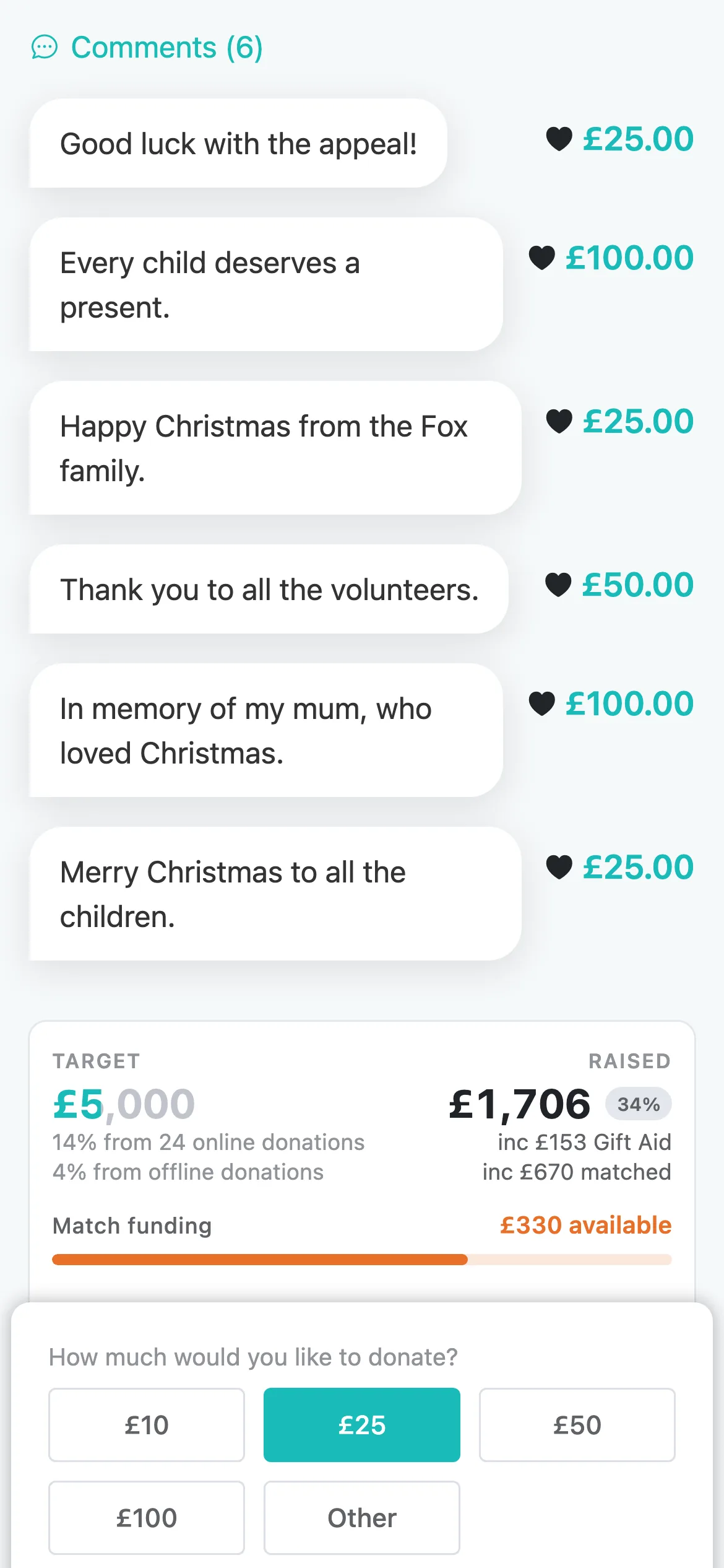 Messages on the page: Public messages show under Comments on the donation page, each with the amount given.