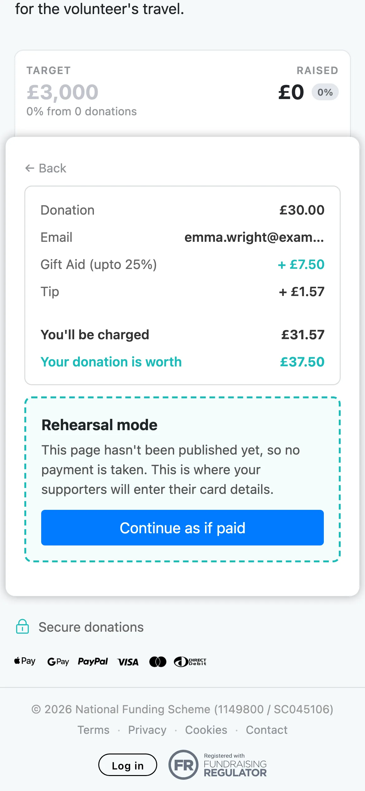 Continue as if paid: In Preview, the payment step shows the summary and a Rehearsal mode panel. Continue as if paid goes on to the thank-you without taking any money.