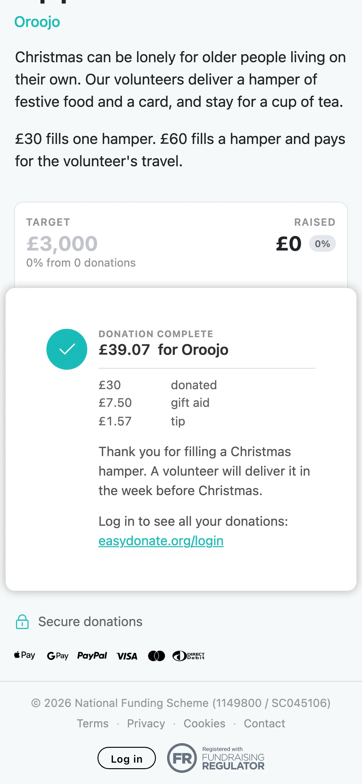 The thank-you screen: Donation complete lists the donation, Gift Aid and tip, then the charity's own thank-you, and a link to easydonate.org/login.