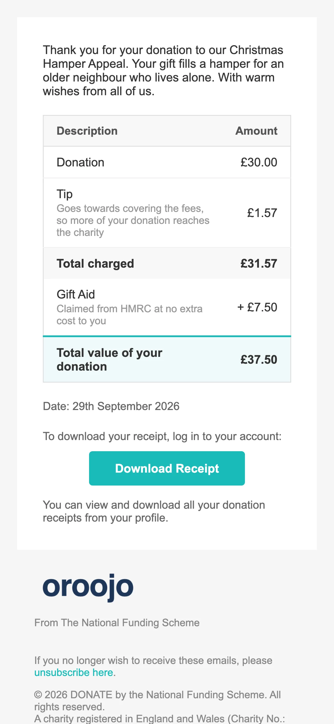 The receipt email: The receipt email starts with the charity's thank-you, then sets out the donation, tip, total charged, Gift Aid and total value, with a Download Receipt button.