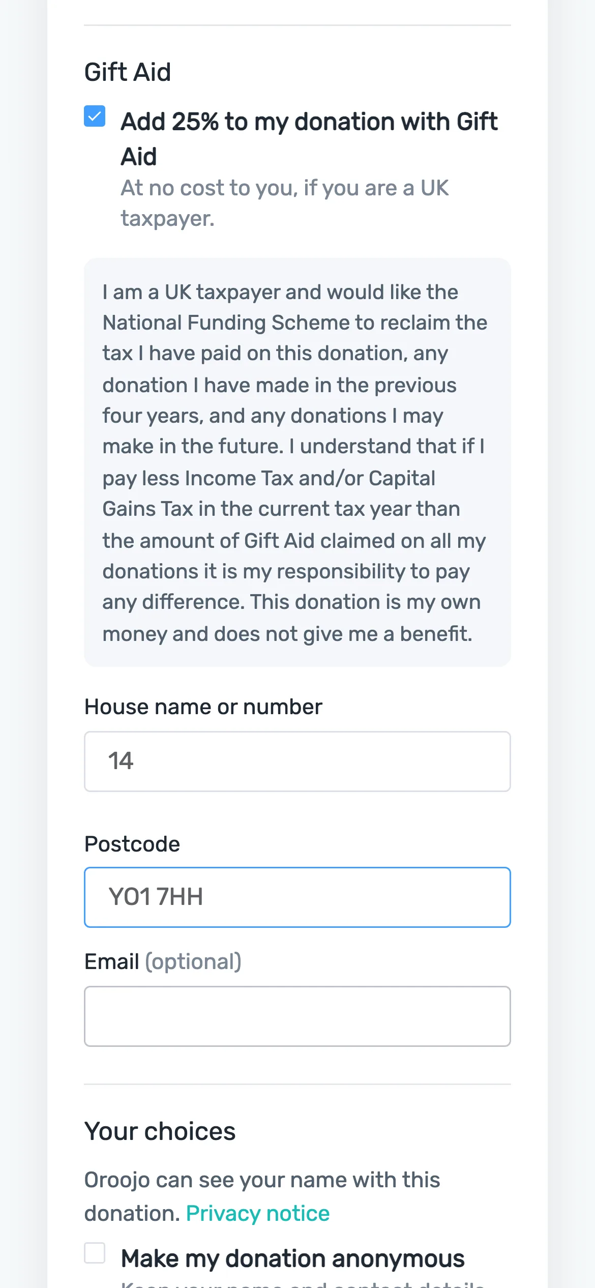 Add Gift Aid by link: The link in the reply opens a page to add a name and Gift Aid. Ticked, Gift Aid shows the declaration, house and postcode, then Your choices.