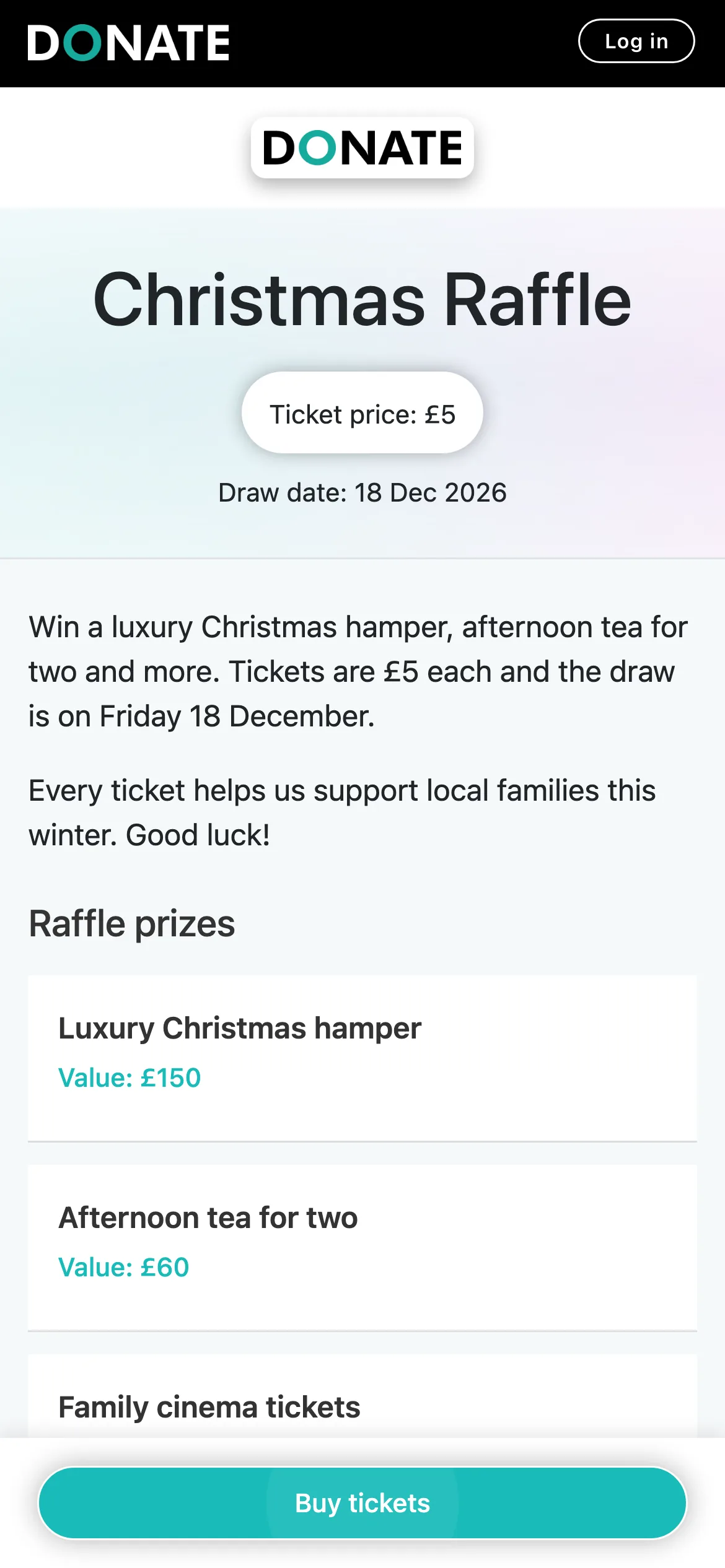 Your raffle page: Your raffle page shows the ticket price, the draw date, your description and a Buy tickets button.
