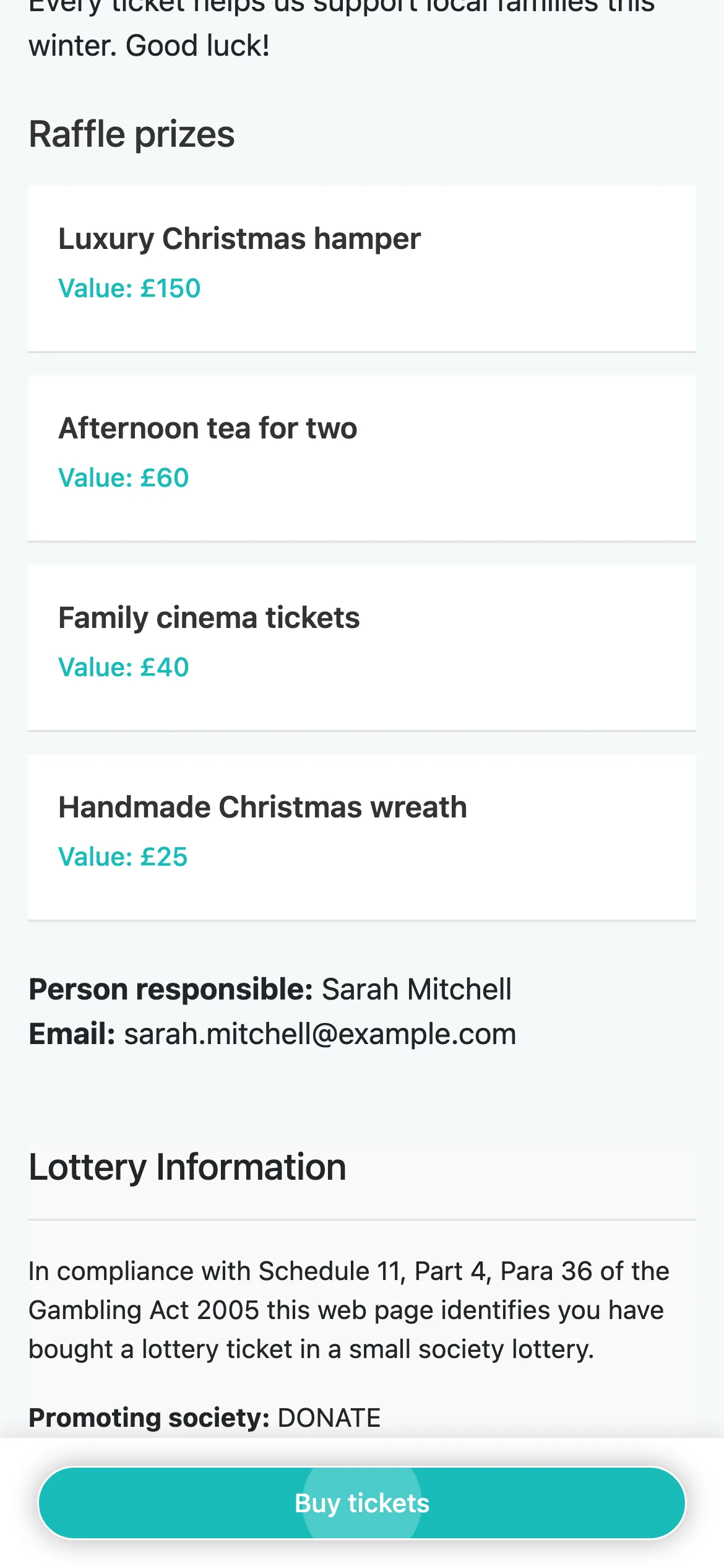 Prizes and who is responsible: Each prize shows with its value, followed by the name and email of the person responsible for the raffle.