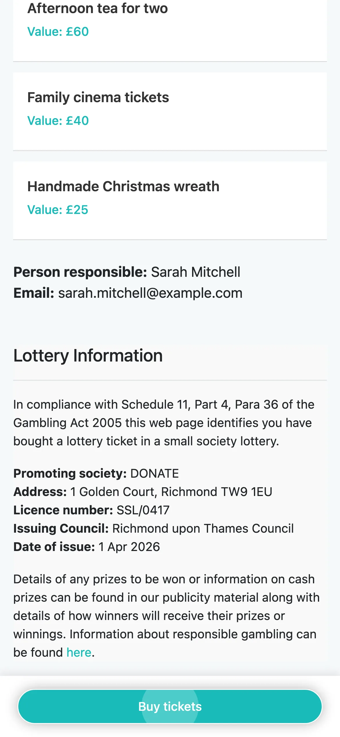 Lottery information on every page: Each raffle page states it is a small society lottery and shows your organisation, address and licence details.