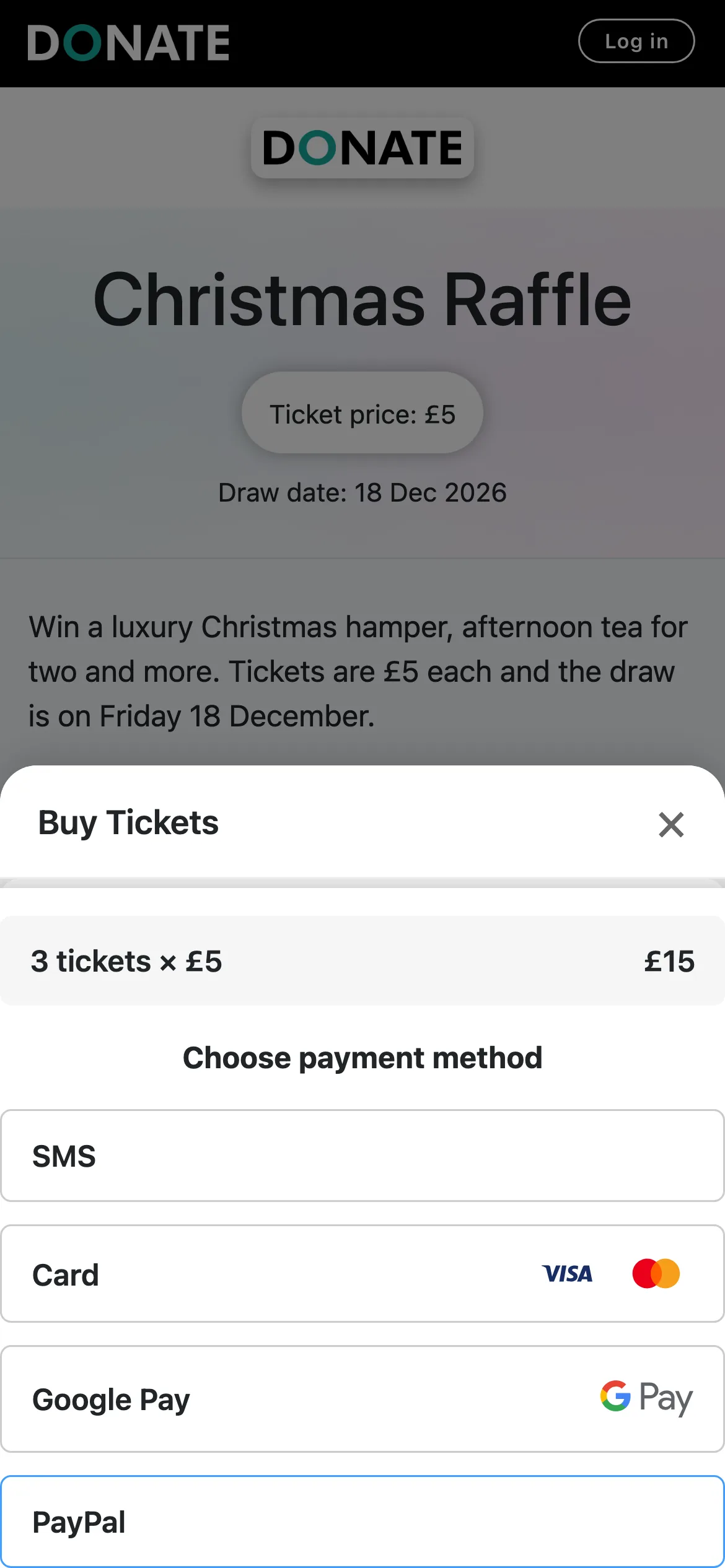 Card, wallet or text: Under Choose payment method, buyers pick SMS, Card, Google Pay or PayPal. Safari shows Apple Pay in place of Google Pay. SMS is on phones only, up to 40 pounds.