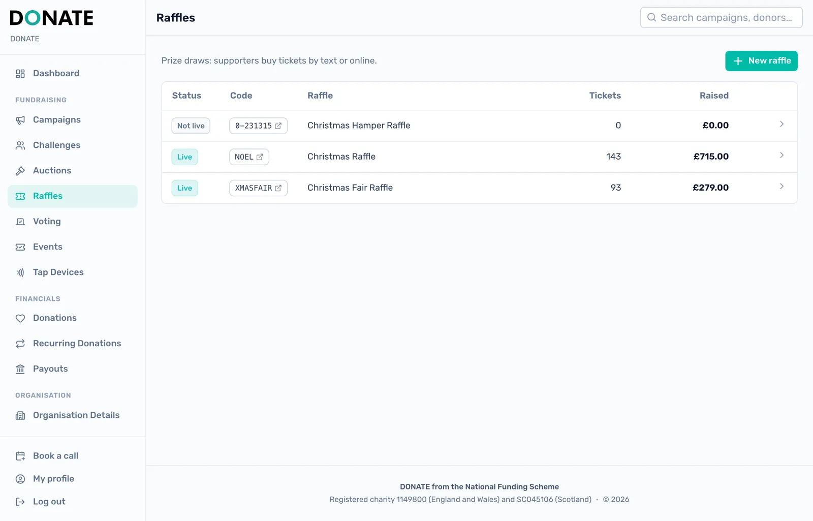 Your raffles in one place: The Raffles page lists every raffle with its status, its code and how many tickets it has sold.