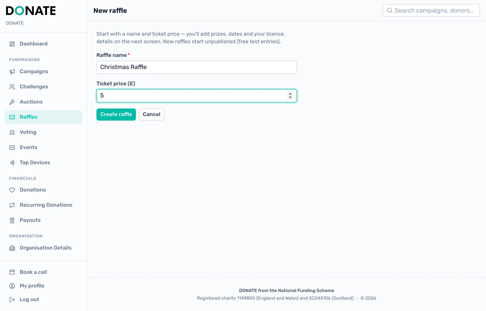 Name and ticket price: Click New raffle, give it a name and a ticket price, then click Create raffle to add the rest.