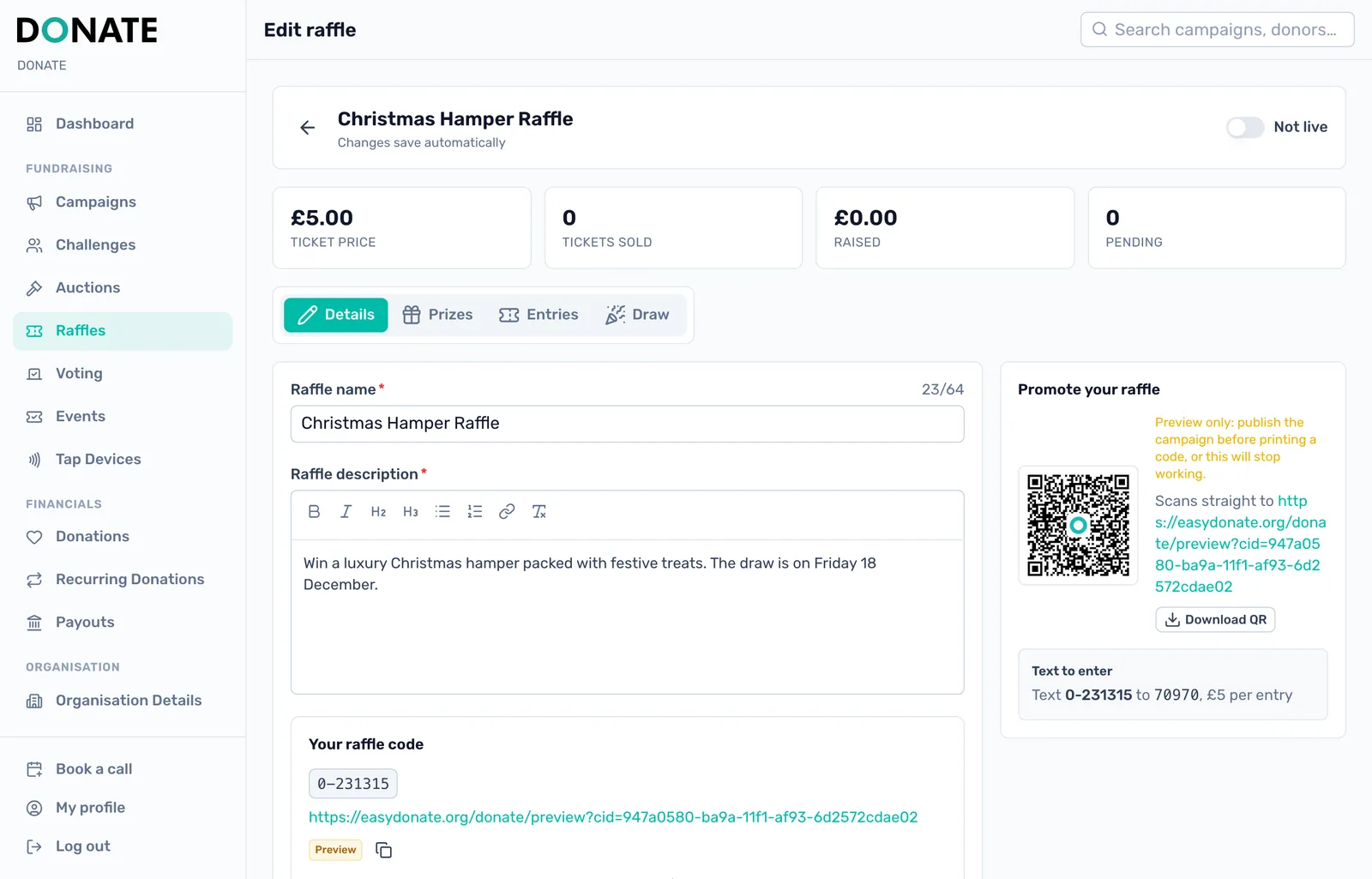 Describe it and get your code: Details holds the name, the description buyers read and your raffle code. Changes save automatically.