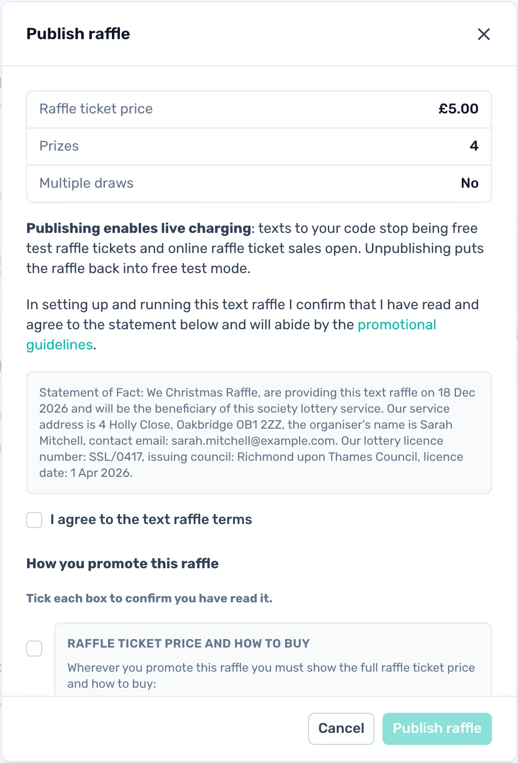 Check and publish: The Publish raffle box shows the price, prizes and draws, and the statement of fact with your licence.