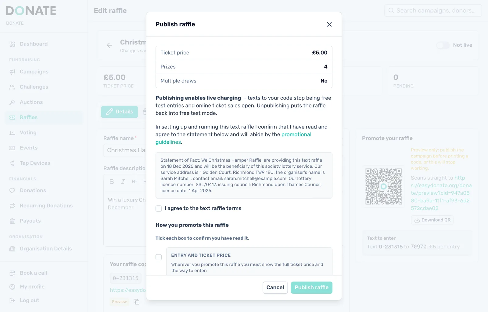 Check and publish: The Publish raffle box shows your price and prizes, and a statement of your licence details to agree to.