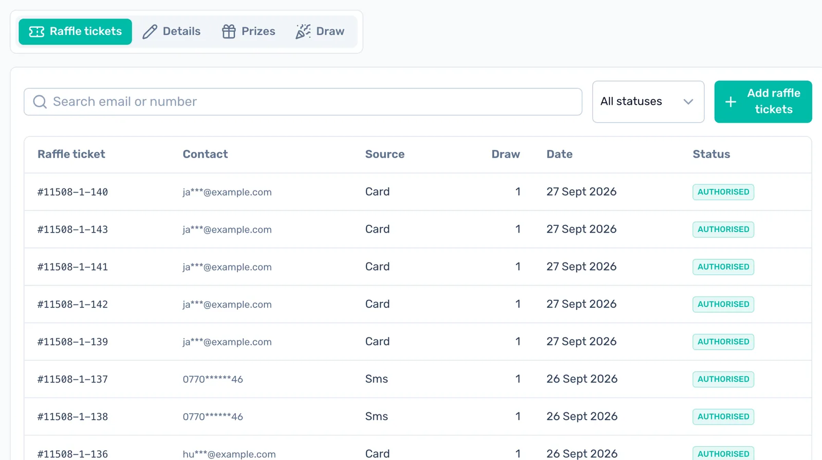 Every ticket sold: Each ticket number with the buyer's contact, how it was sold, its draw, the date and its status.