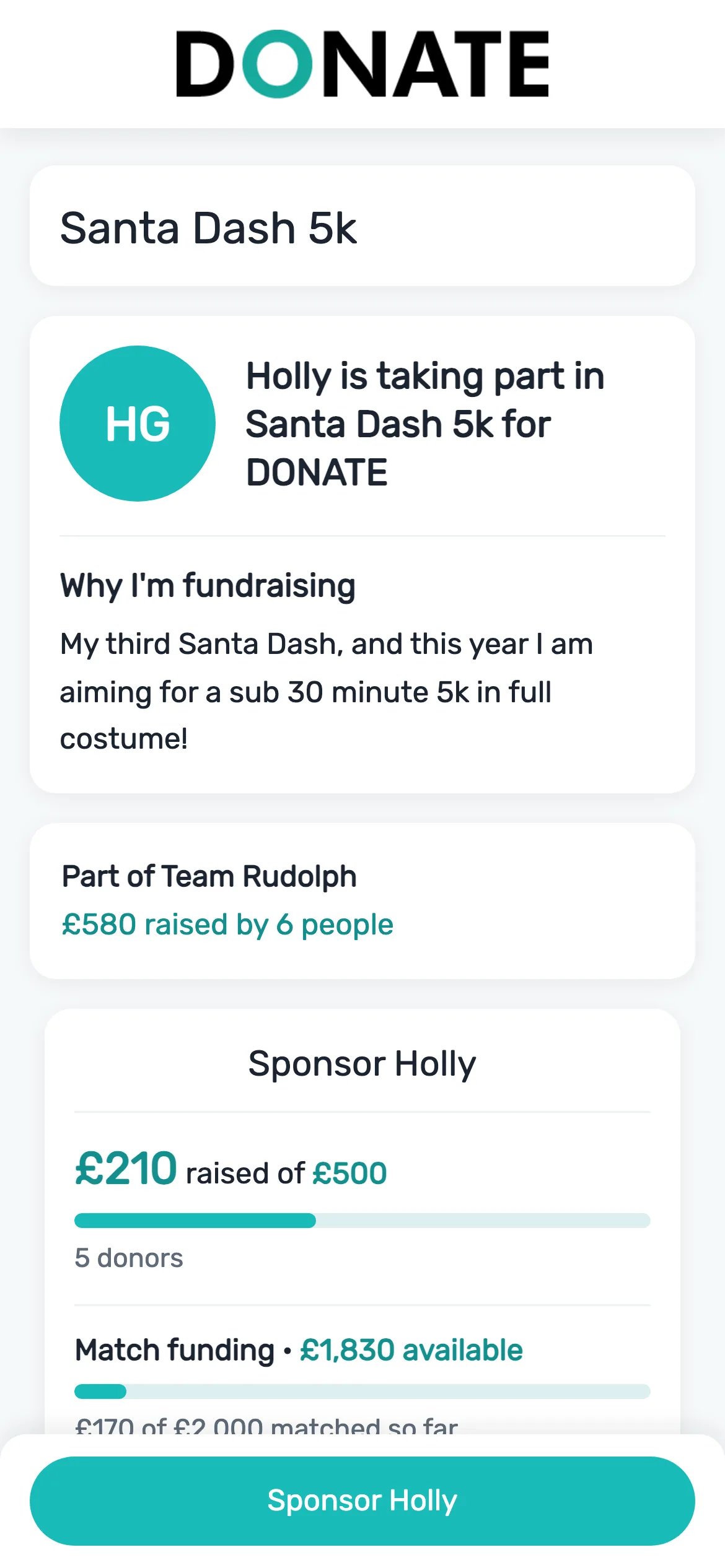 A page for every member: A member's page shows why they are fundraising and the team they are part of. Sponsor Holly shows what Holly has raised against her own target.