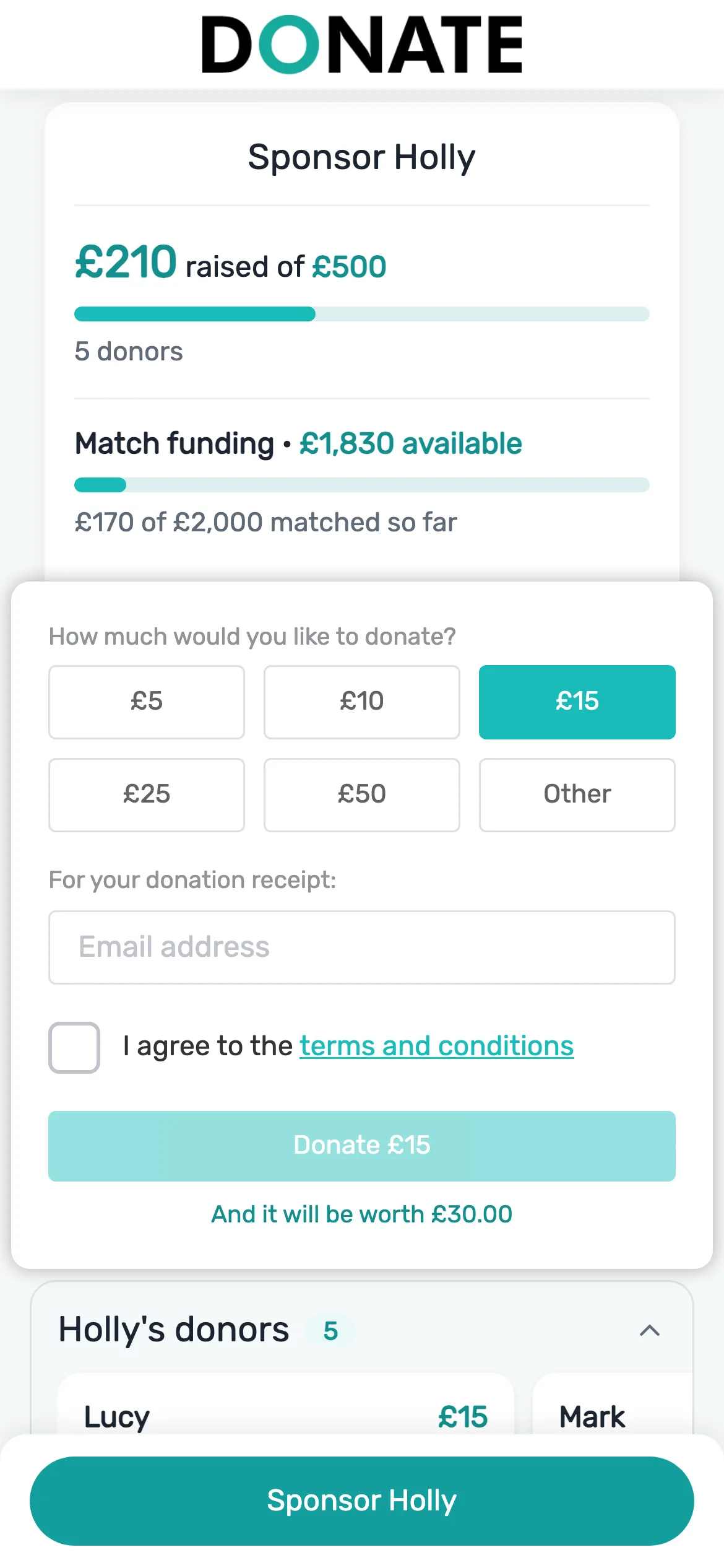 Sponsoring a team member: Sponsors choose an amount on the member's page, and the gift is credited to that member. Their donors are listed underneath, with any Gift Aid.