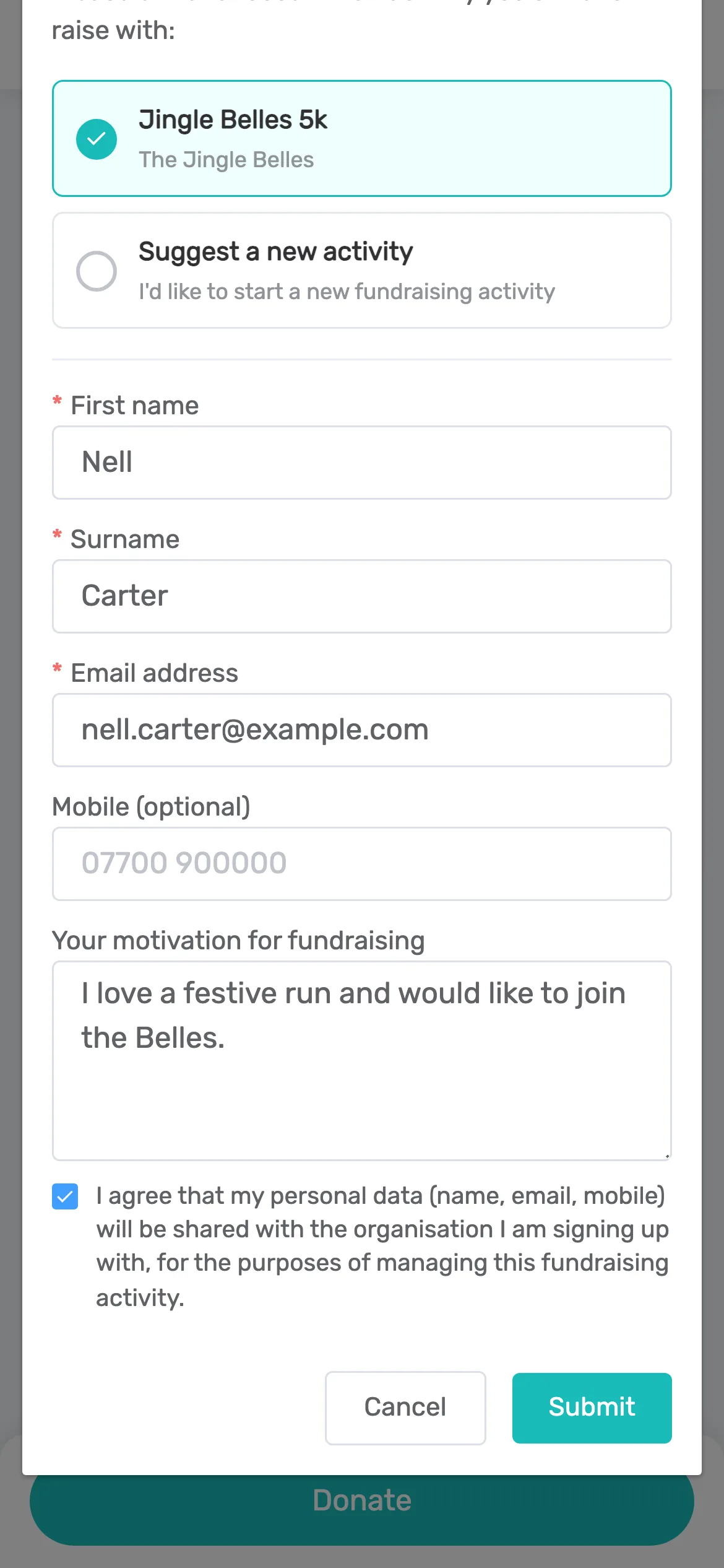 Asking to join a team: Supporters tap Join in on the team page, fill in their details and motivation, and agree to share their details with your organisation.