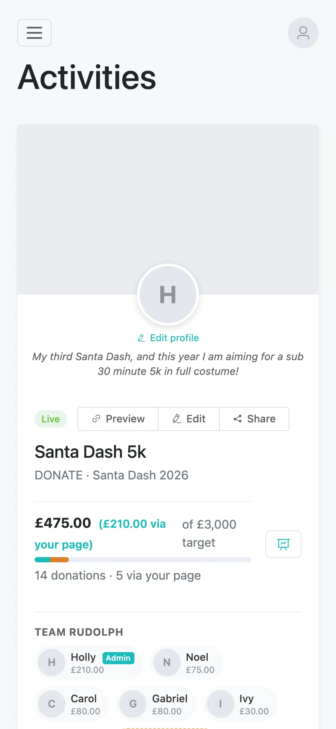 Members run their own page: In their DONATE account, members see their total, the team's progress and every team member's total. The captain is labelled Admin here.