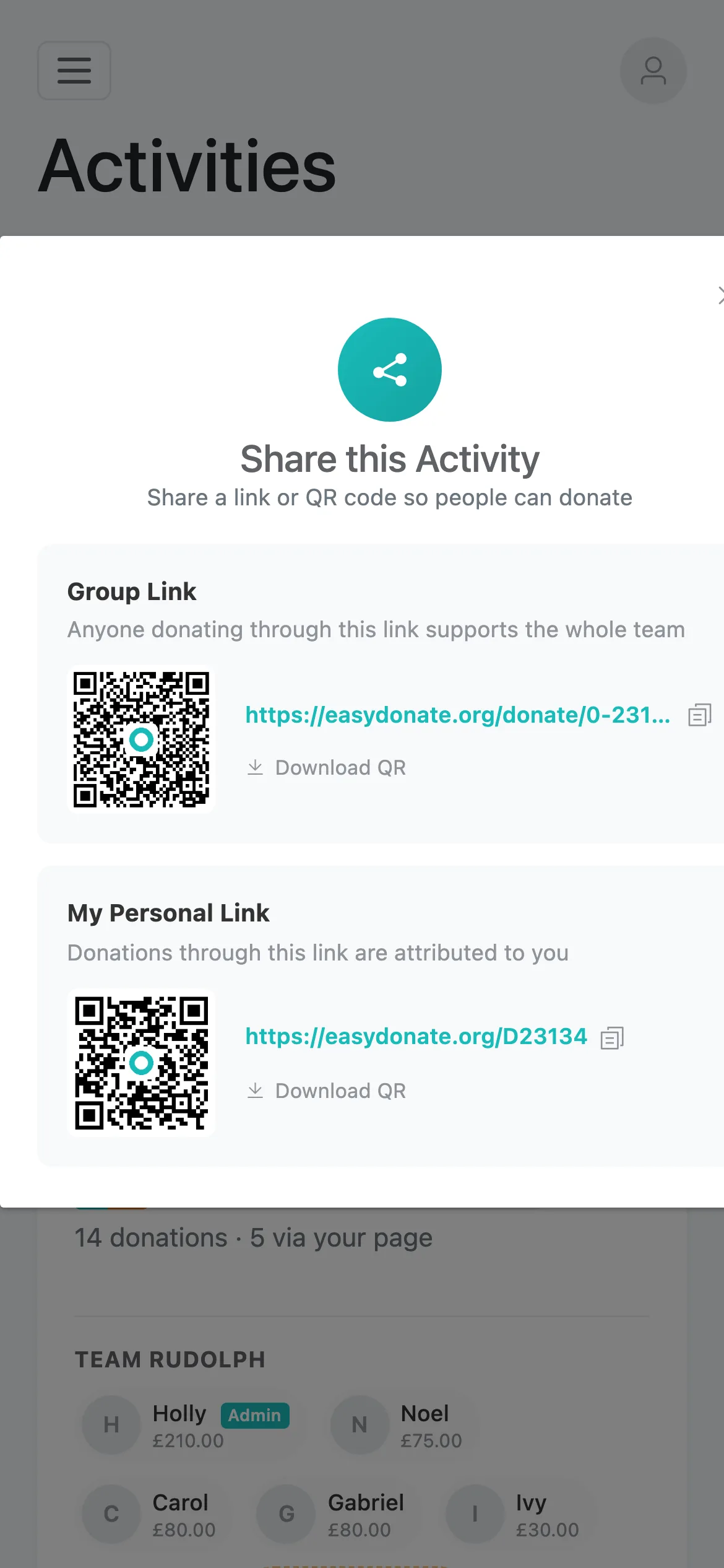 Personal and team links: Members share a group link for the whole team or their personal link, each with a QR code to download.