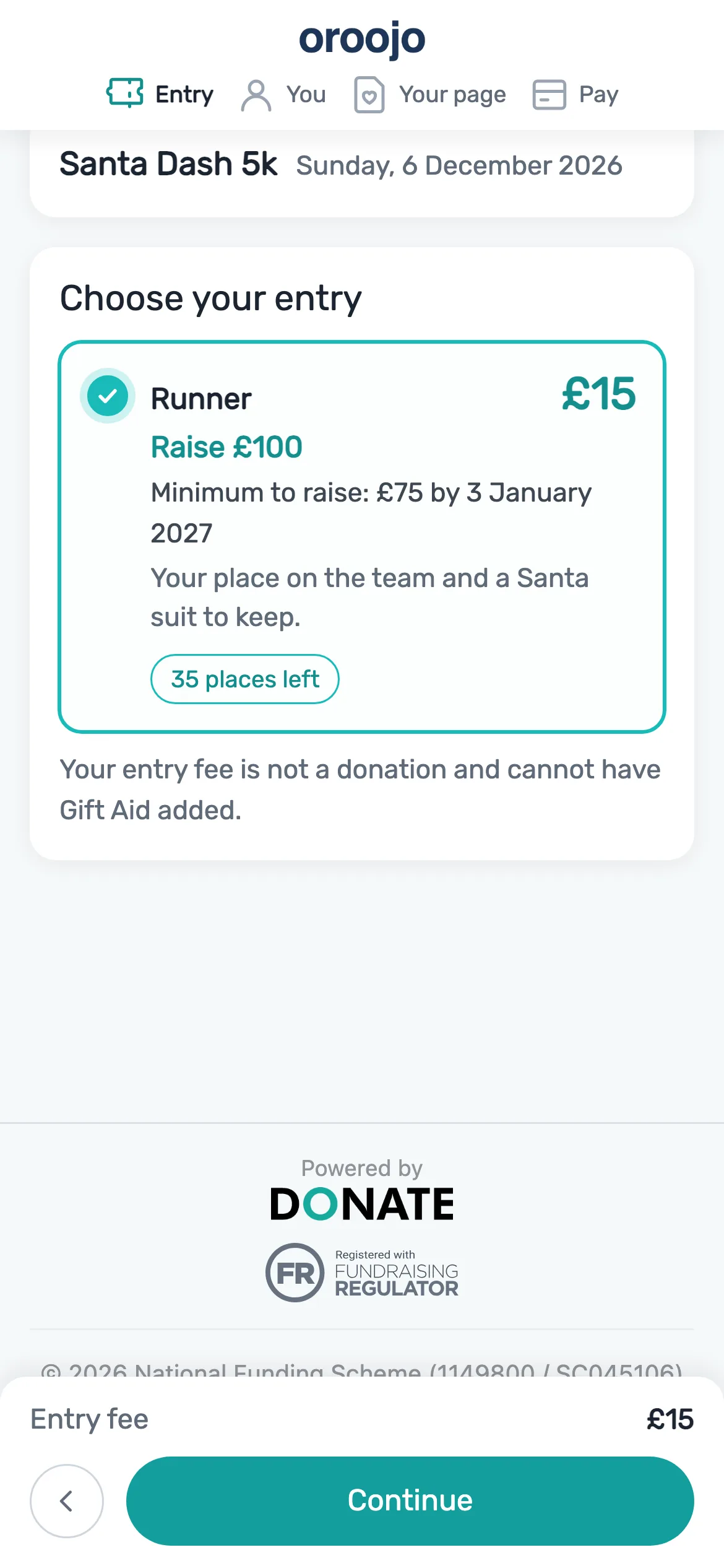 Signing up for an entry: Each entry shows its fee, its target and the minimum to raise by its date. The page says the fee cannot have Gift Aid.