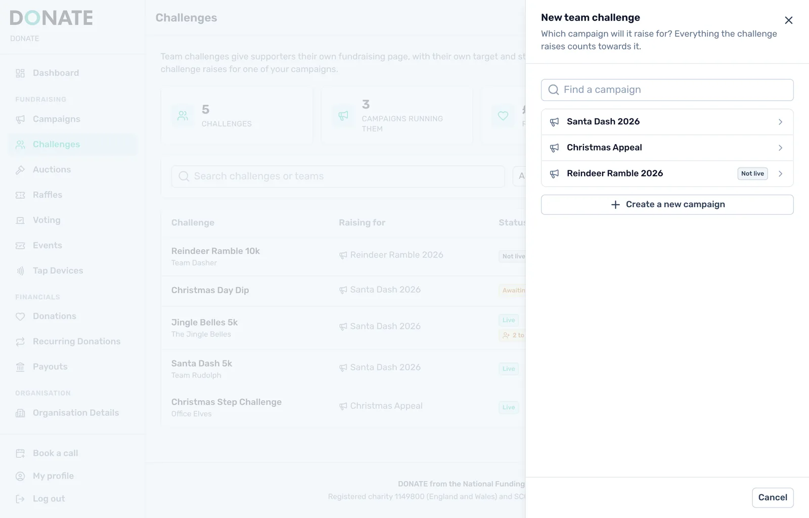 Choose the campaign first: Click New team challenge and pick the campaign it raises for. Campaigns that are not published yet are marked Not live.