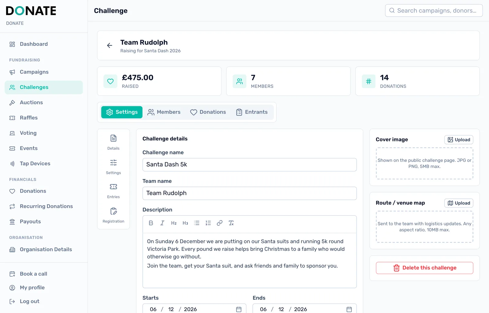 Tell the team's story: The Settings tab holds the challenge name, team name and description, with a Cover image and a Route / venue map beside them.