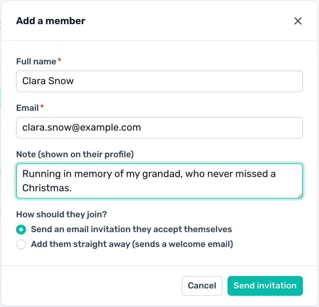 Invite or add members: Type a name and email, then send an invitation or add them straight away with a welcome email.