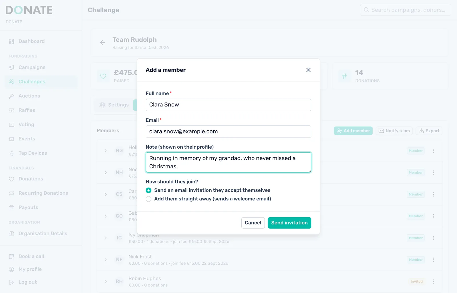 Invite or add members: Type a name and email, then send an invitation they accept themselves, or add them straight away with a welcome email.